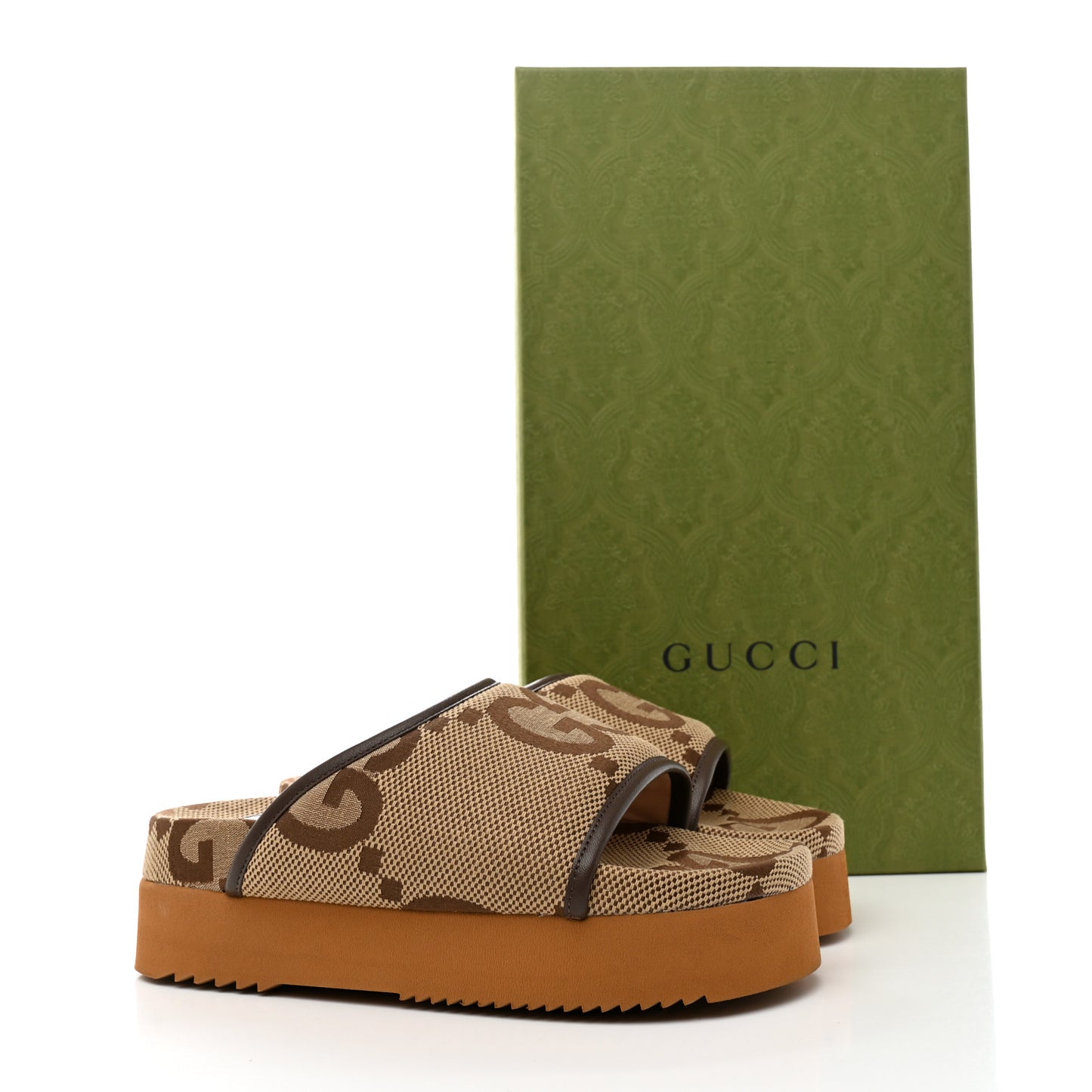 Monogram Jumbo GG Nappa Samoa Platform 40mm Slide Sandals 35 Camel Ebony New Acero