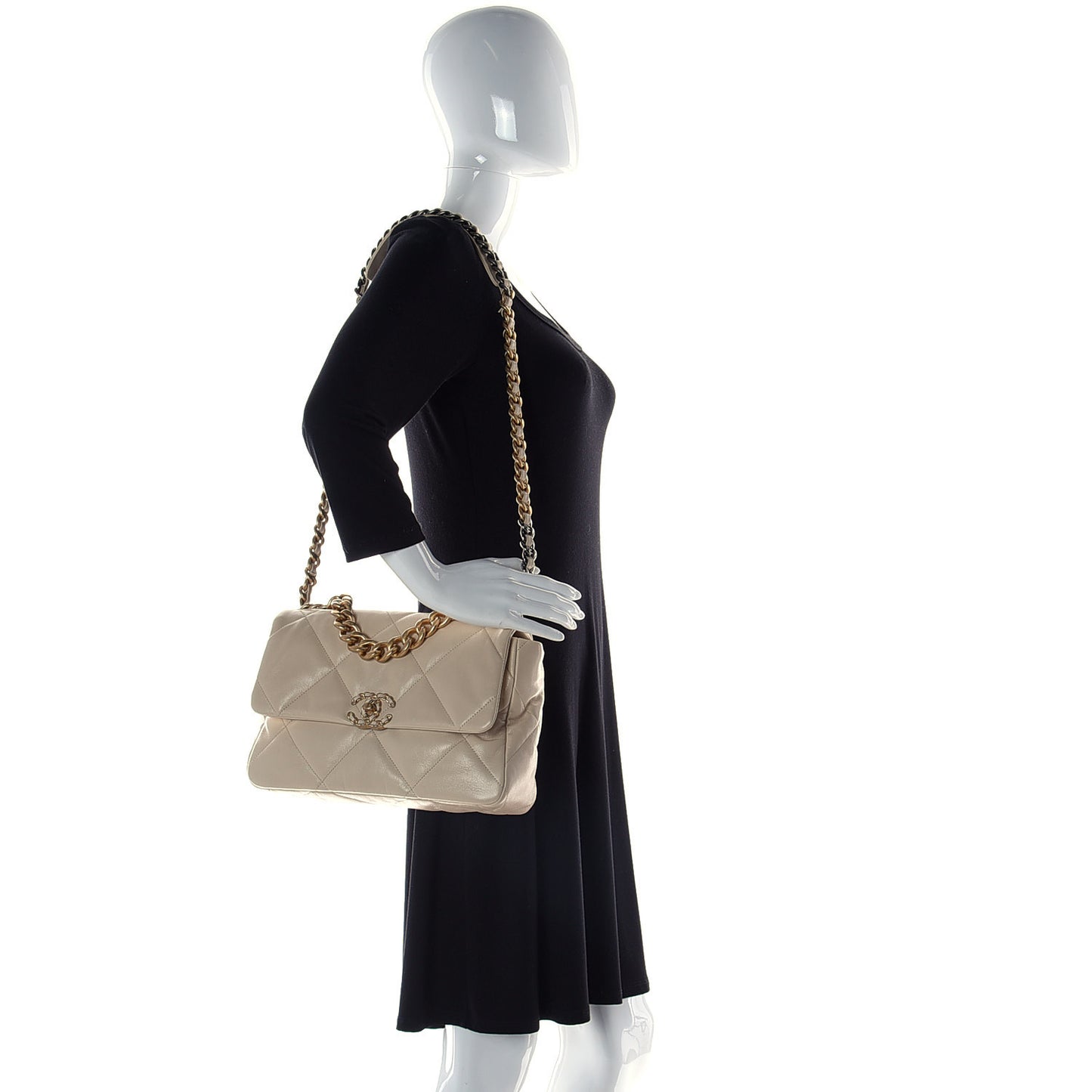 Goatskin Quilted Large Chanel 19 Flap Light Beige