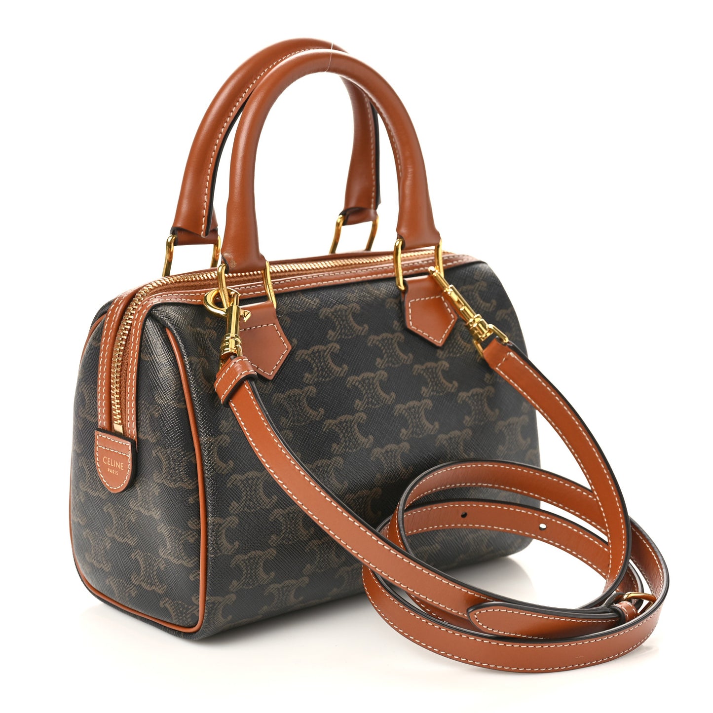 Triomphe Canvas Calfskin Small Boston Bag Tan
