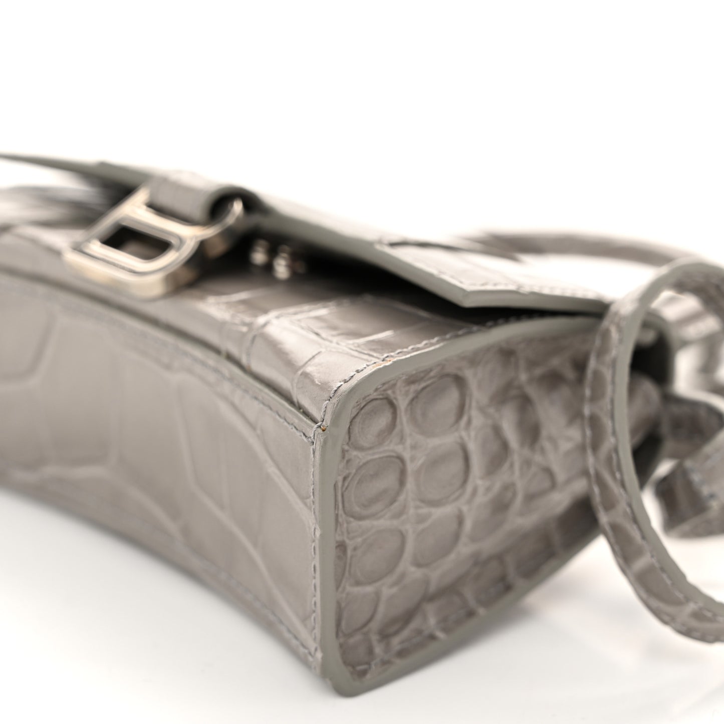 Shiny Calfskin Crocodile Embossed Hourglass Top Handle Bag Mini Steel Grey