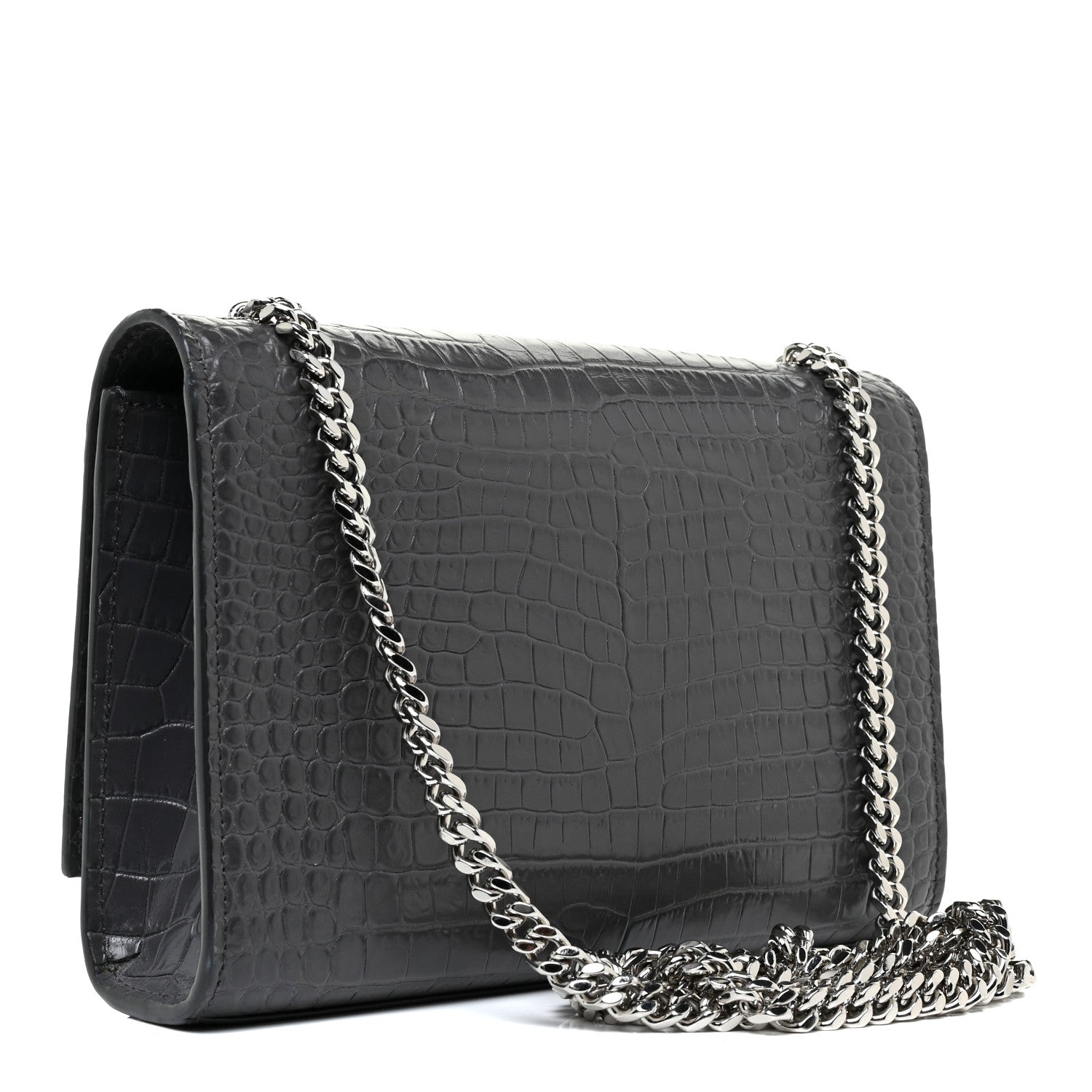 Saint Laurent Calfskin Crocodile Embossed Medium Classic Monogram Kate Tassel Satchel Dark Grey 2 of 11