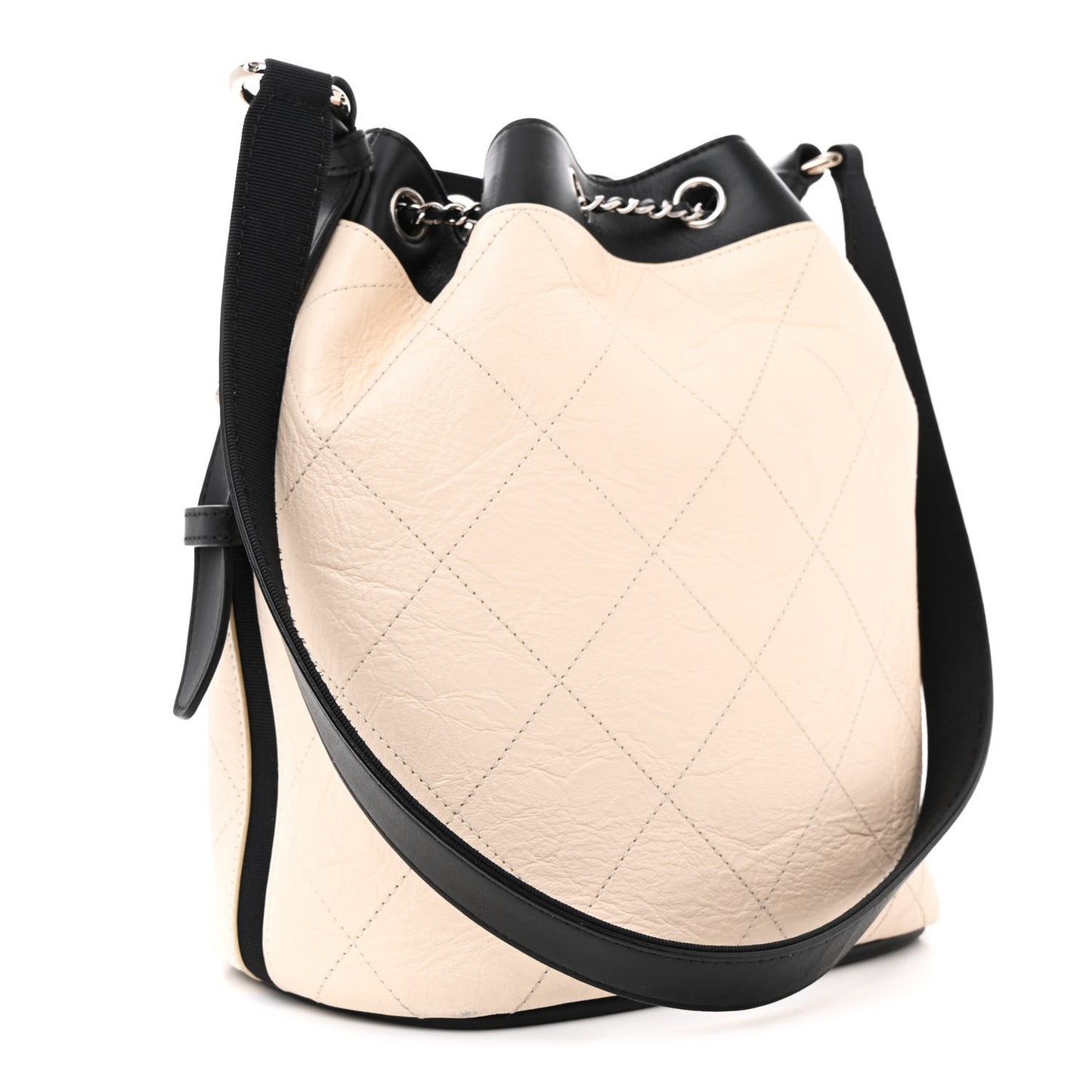Aged Calfskin Quilted CC Chain Bucket Drawstring Bag Ivory Black