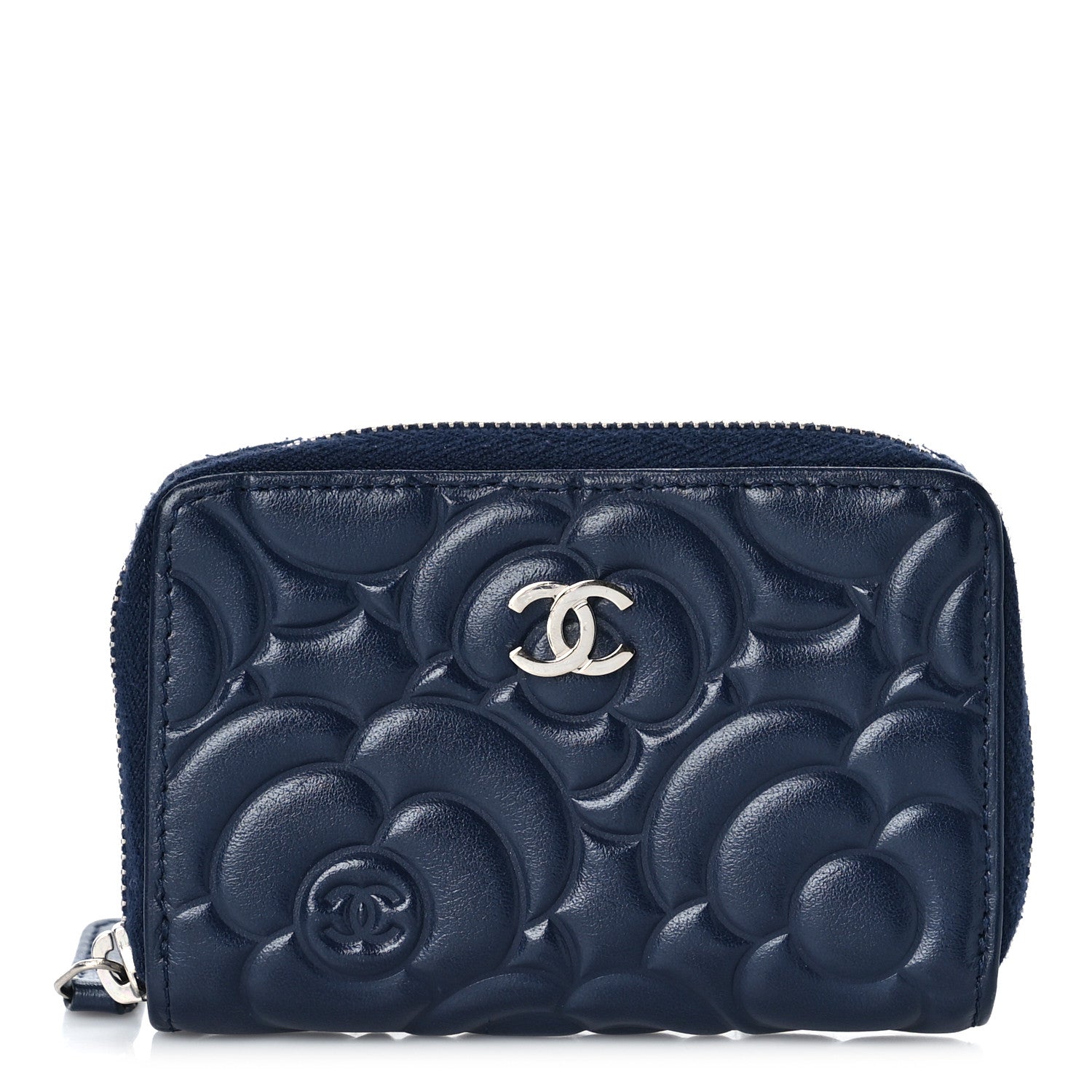 Chanel Lambskin Camellia Embossed Zip Coin Purse Navy 1159098