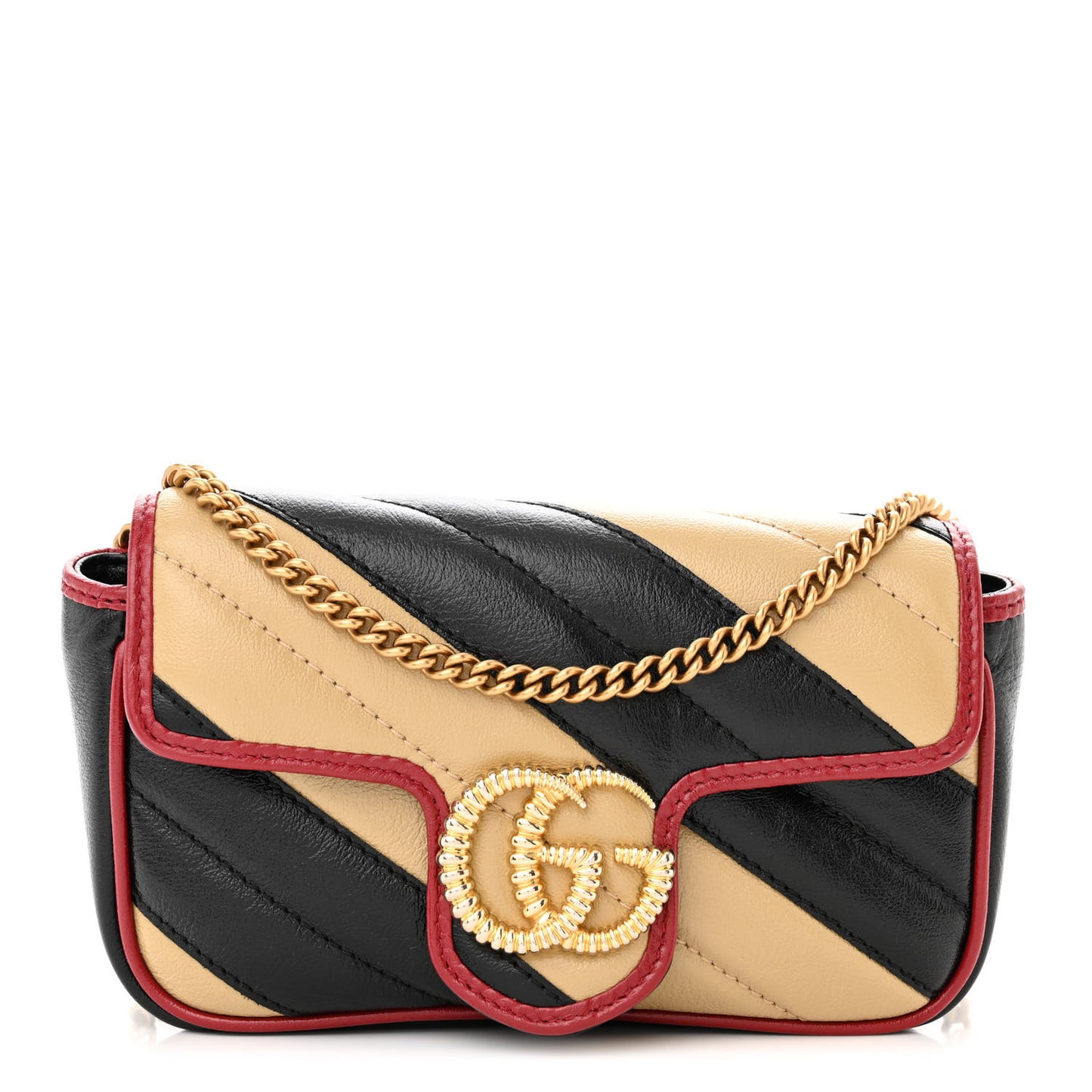 Vintage Effect Calfskin Matelasse Diagonal Striped Super Mini Torchon GG Marmont Shoulder Bag Black Beige