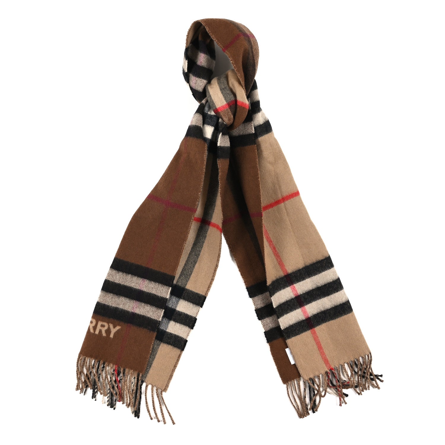 Burberry Wool Cashmere Vintage Check Fringe Scarf Dark Birch Brown
