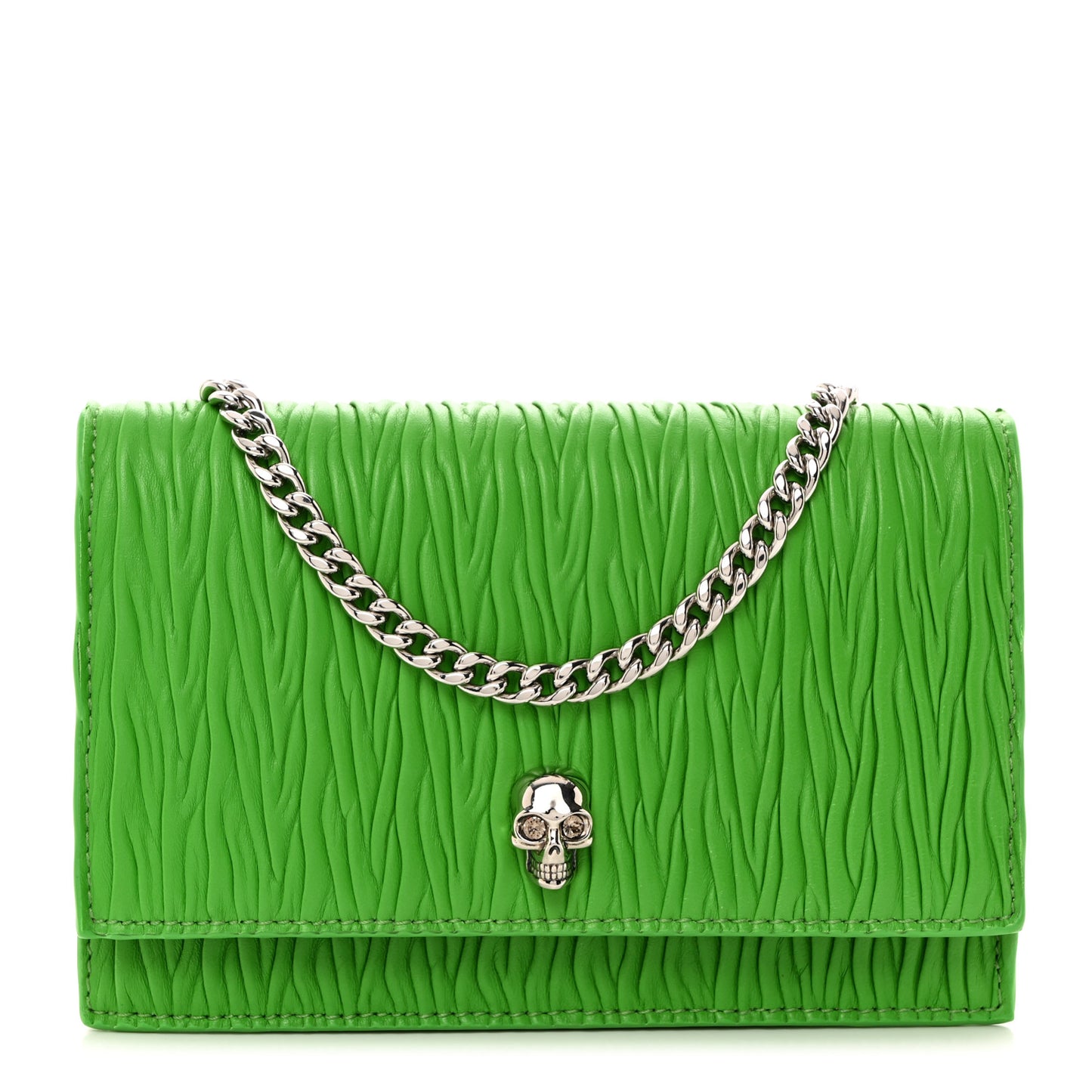 Lambskin Pleated Skull Small Chain Crossbody Bag Acid Green