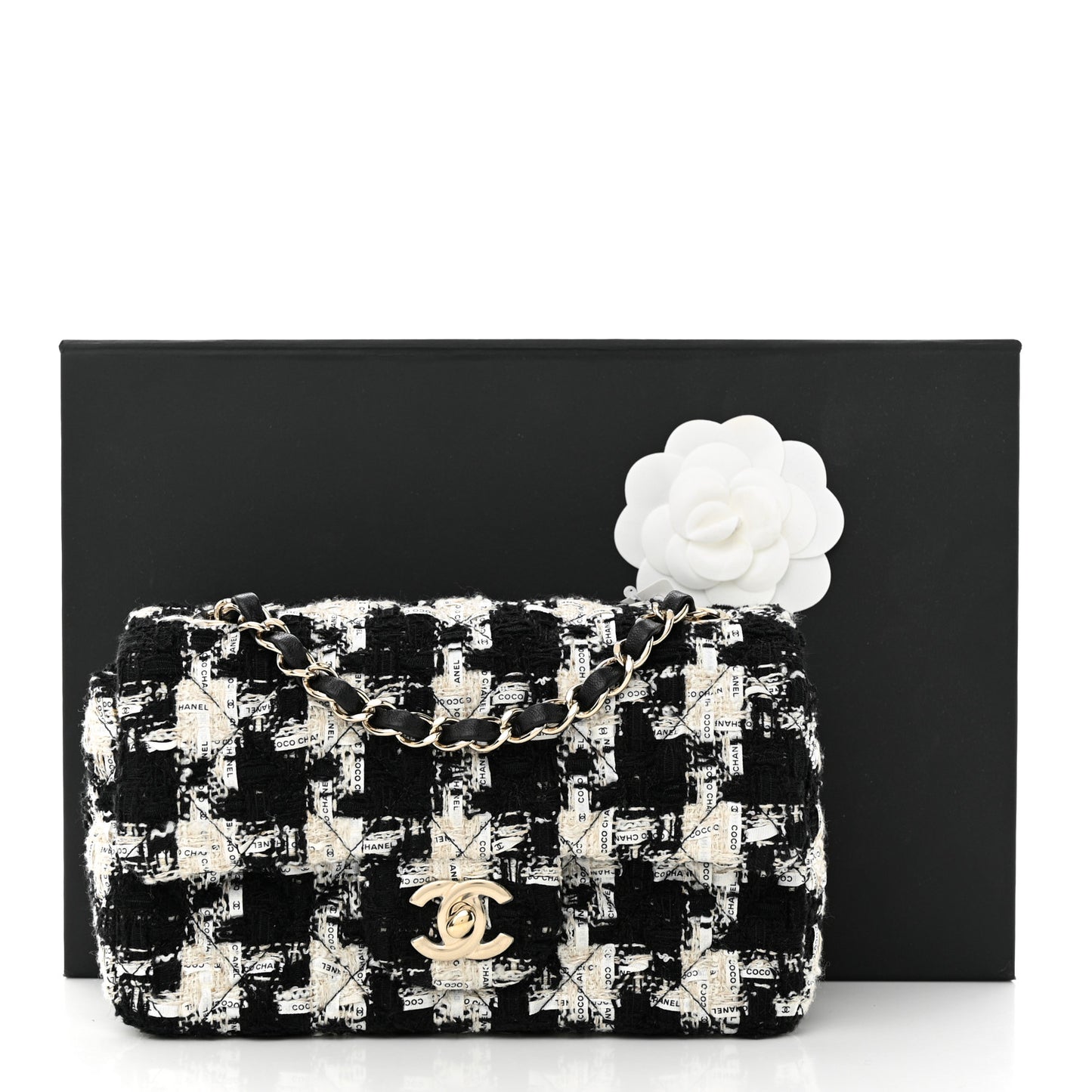 Tweed Quilted Mini Rectangular Flap Black Ecru White
