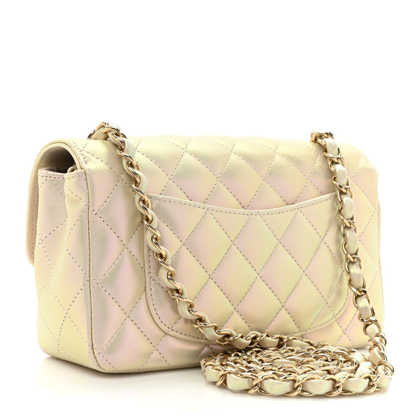 Iridescent Lambskin Quilted Mini Rectangular Flap Ivory