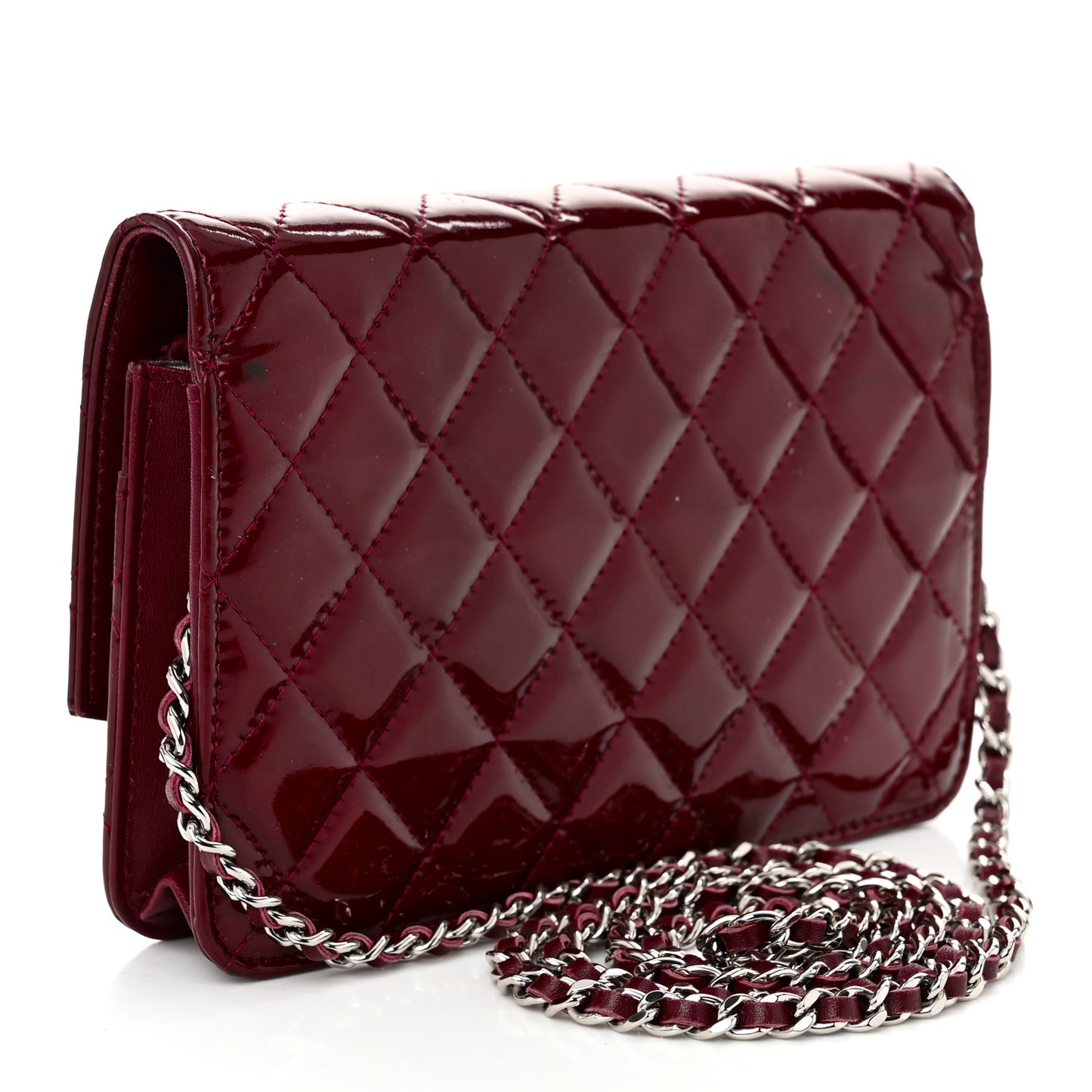 Patent Quilted Brilliant Wallet On Chain WOC Dark Burgundy