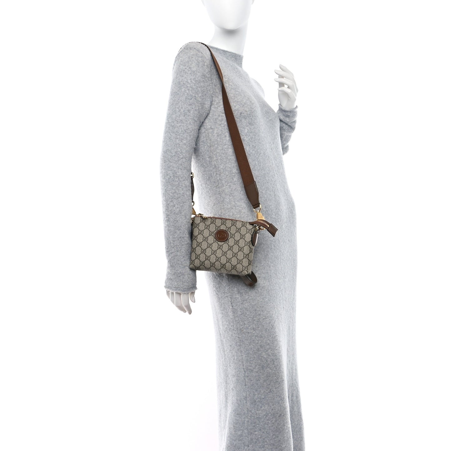 GG Supreme Monogram Azalea Calfskin Small Retro Interlocking G Wristlet Messenger Bag Beige Ebony Brown Sugar