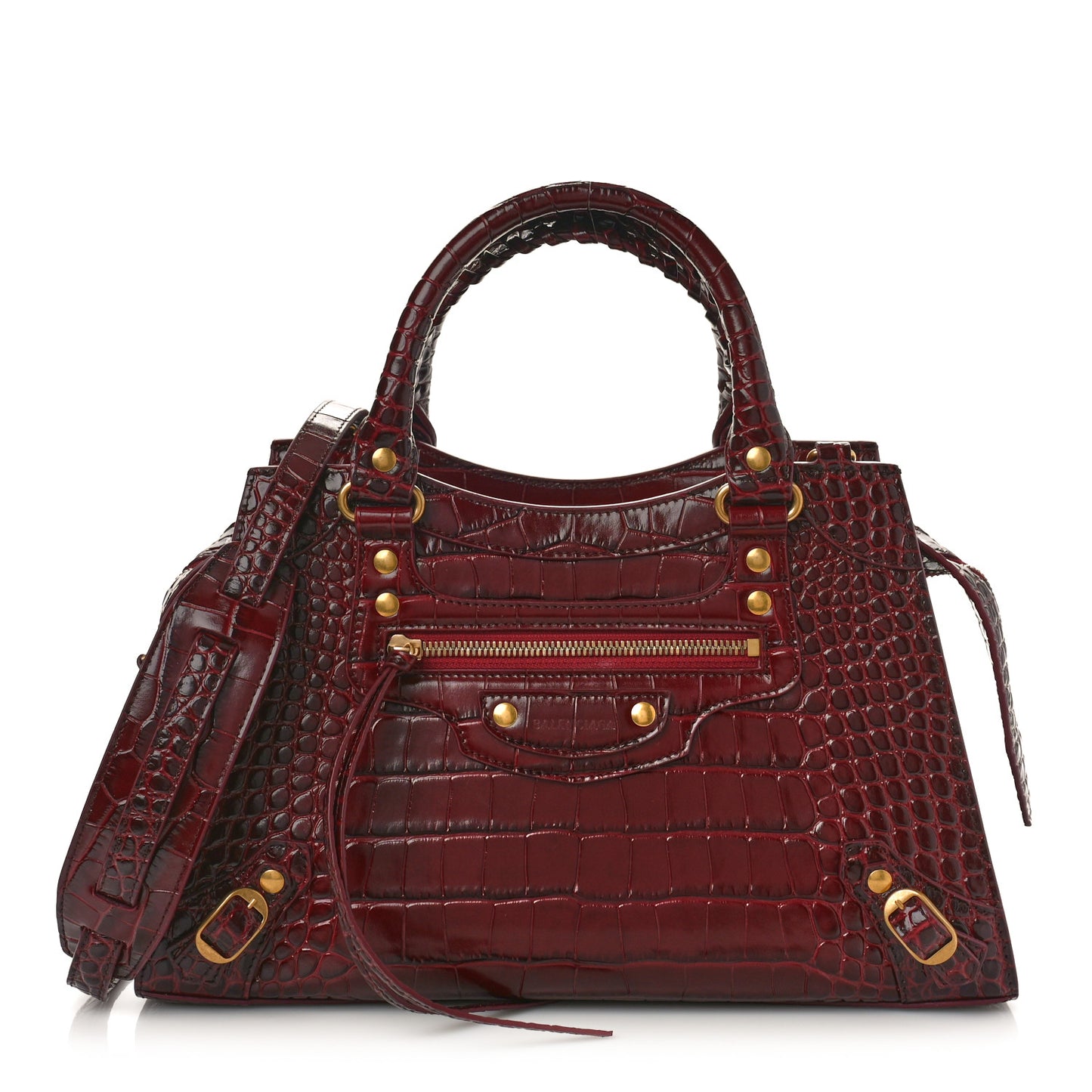 Shiny Supple Calfskin Crocodile Embossed Classic Gold Hardware S City Dark Red