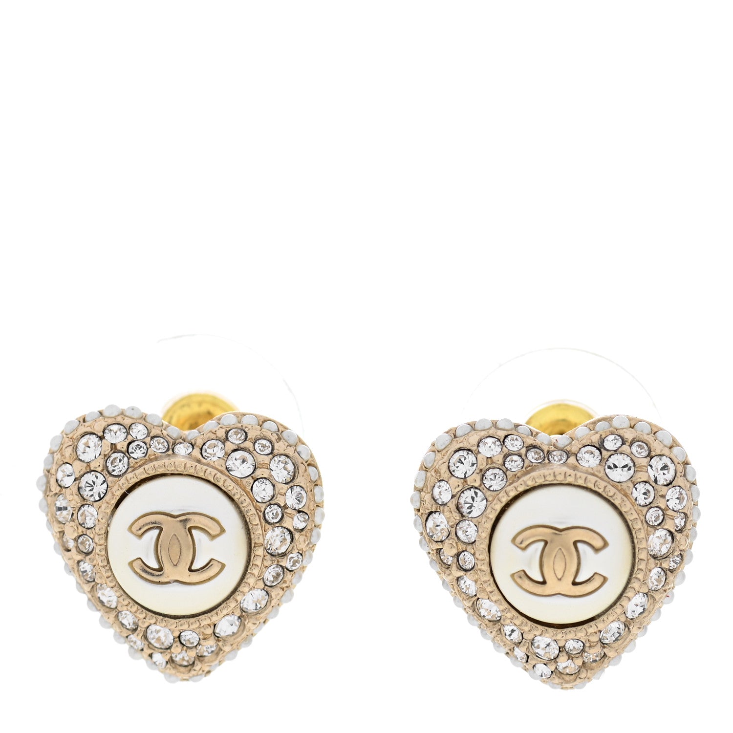 Chanel Pearl Crystal CC Heart Earrings Gold White 1 of 5