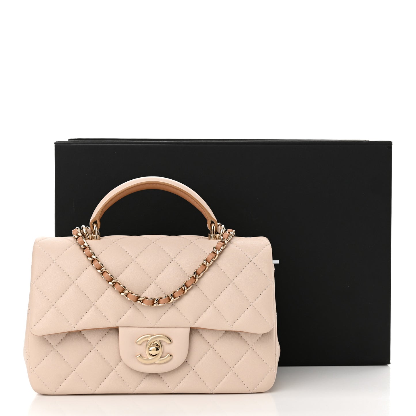 Lambskin Quilted Bi-Color Mini Top Handle Rectangular Flap Ecru Dark Beige