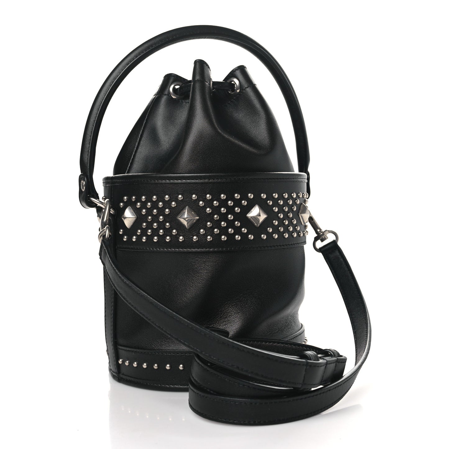 Smooth Calfskin Studded Small Bahia Drawstring Bucket Bag Black