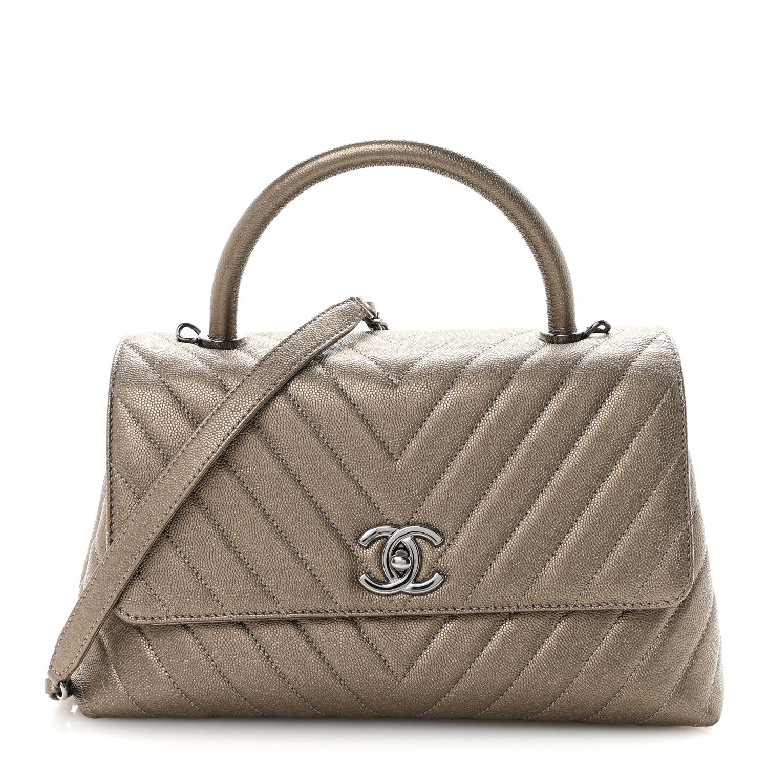 シャネル COCO Chanel Metallic Caviar Chevron Quilted Small Coco Handle Flap
