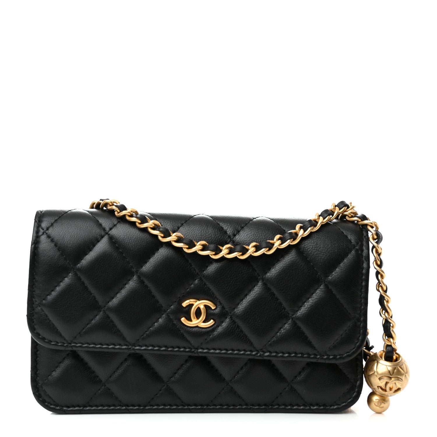 Chanel Lambskin Pearl Crush Quilted Flap Phone Holder With Chain Black 1 of 13