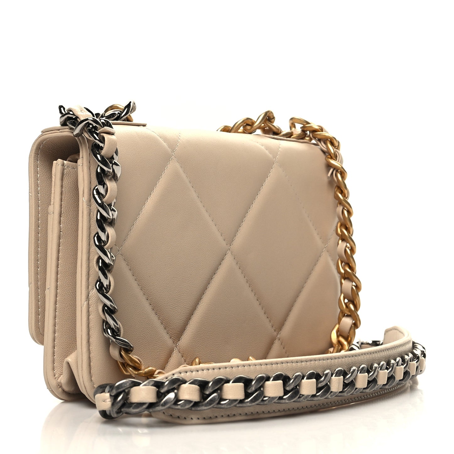 Lambskin Quilted Chanel 19 Wallet On Chain WOC Beige
