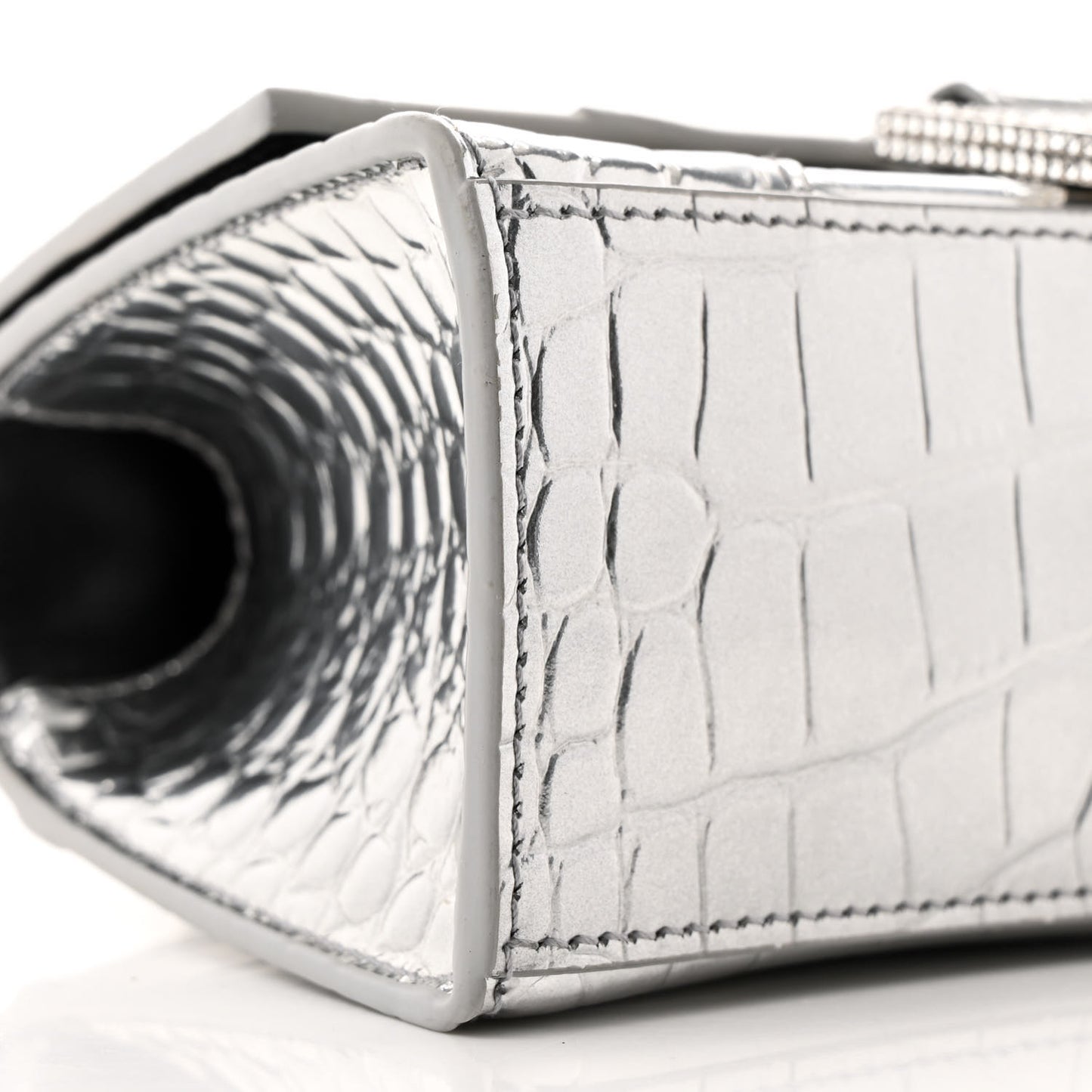 Metallic Calfskin Crocodile Embossed Crystal Hourglass Top Handle Bag XS Silver