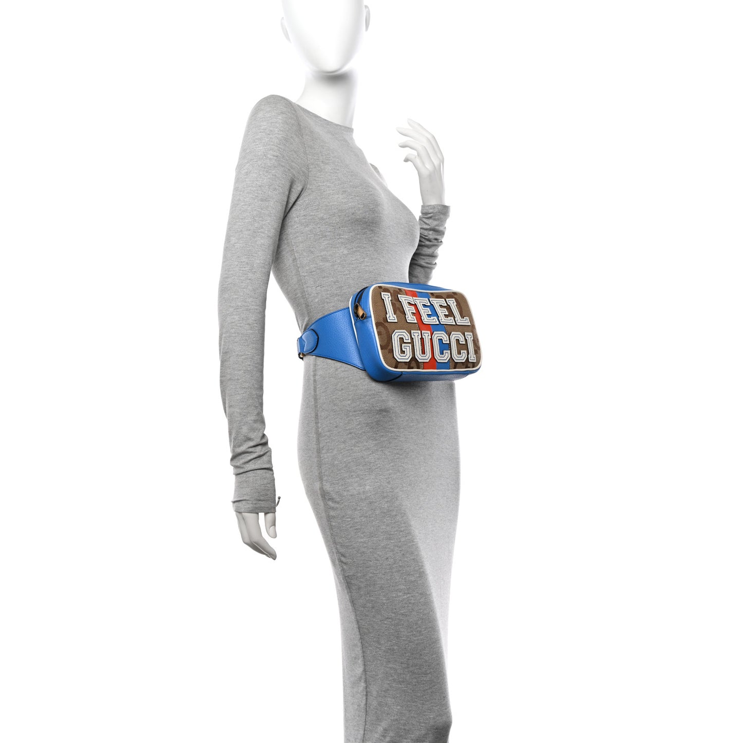 Monogram Jumbo GG Textured Dollar Calfskin Web I Feel Gucci Belt Bag Camel Ebony Blue