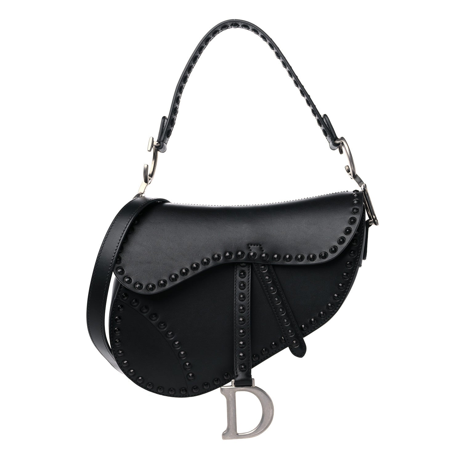 Christian Dior Calfskin Studded Saddle Bag With Strap Black