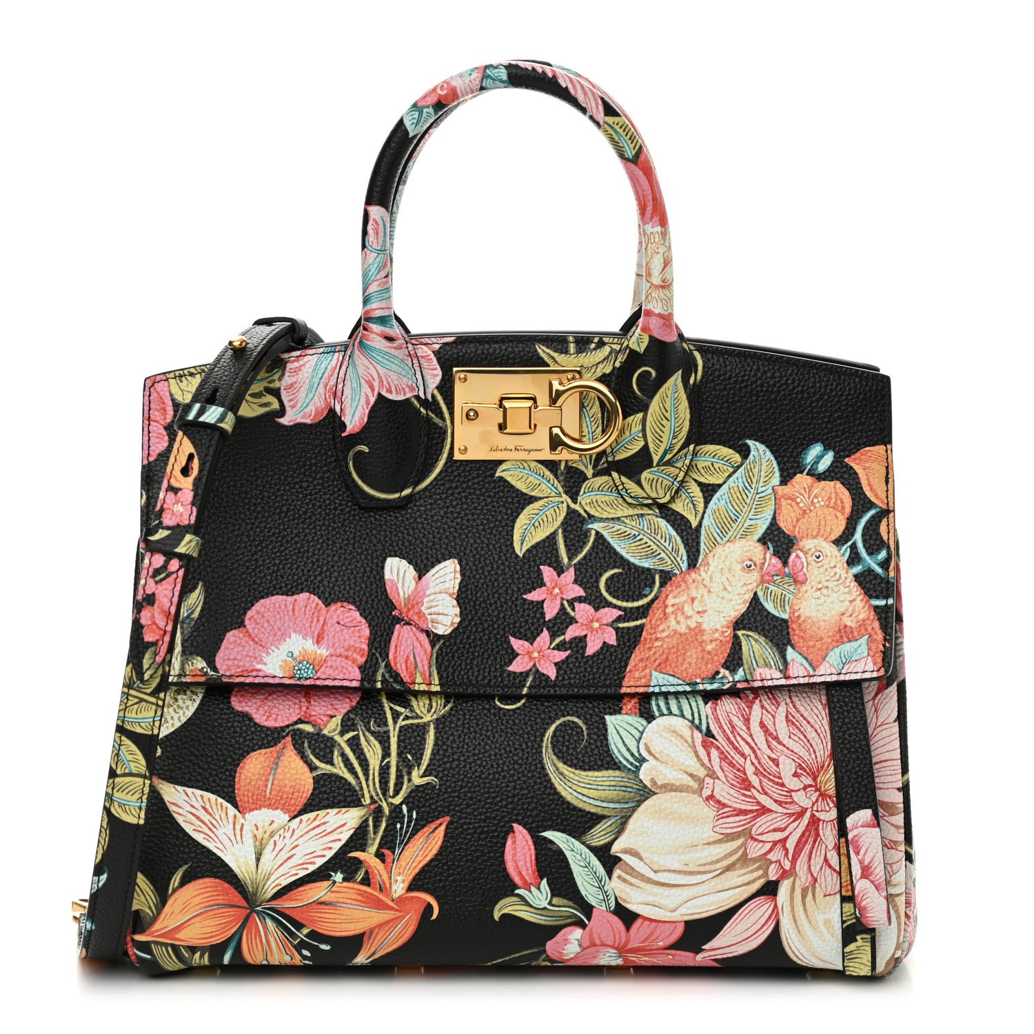Salvatore Ferragamo Calfskin Floral Print The Studio Bag Black