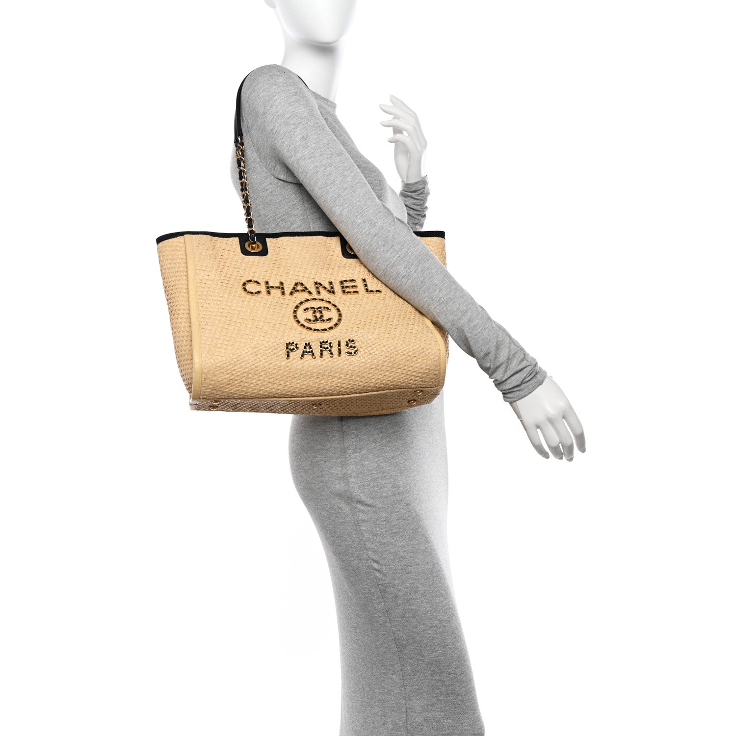 Chanel Straw Raffia Calfskin Chain Small Deauville Tote Beige Black 2 of 11