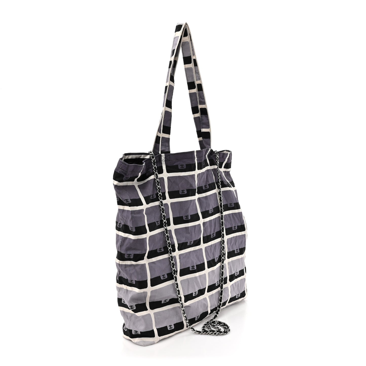 Jersey Fabric Quilted Foldable Tote With Chain Black Multicolor