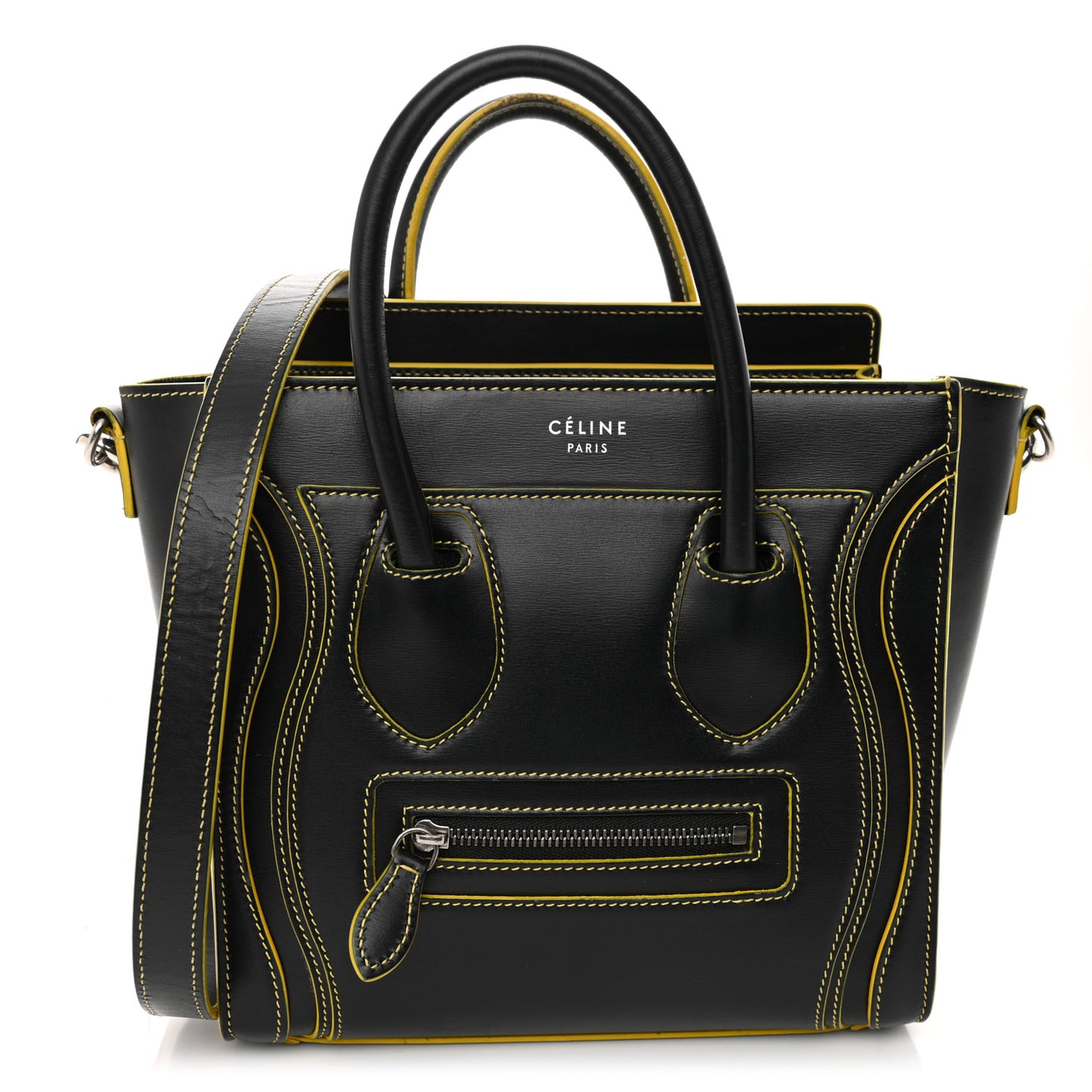 Satin Calfskin Nano Debossed Luggage Black Yellow