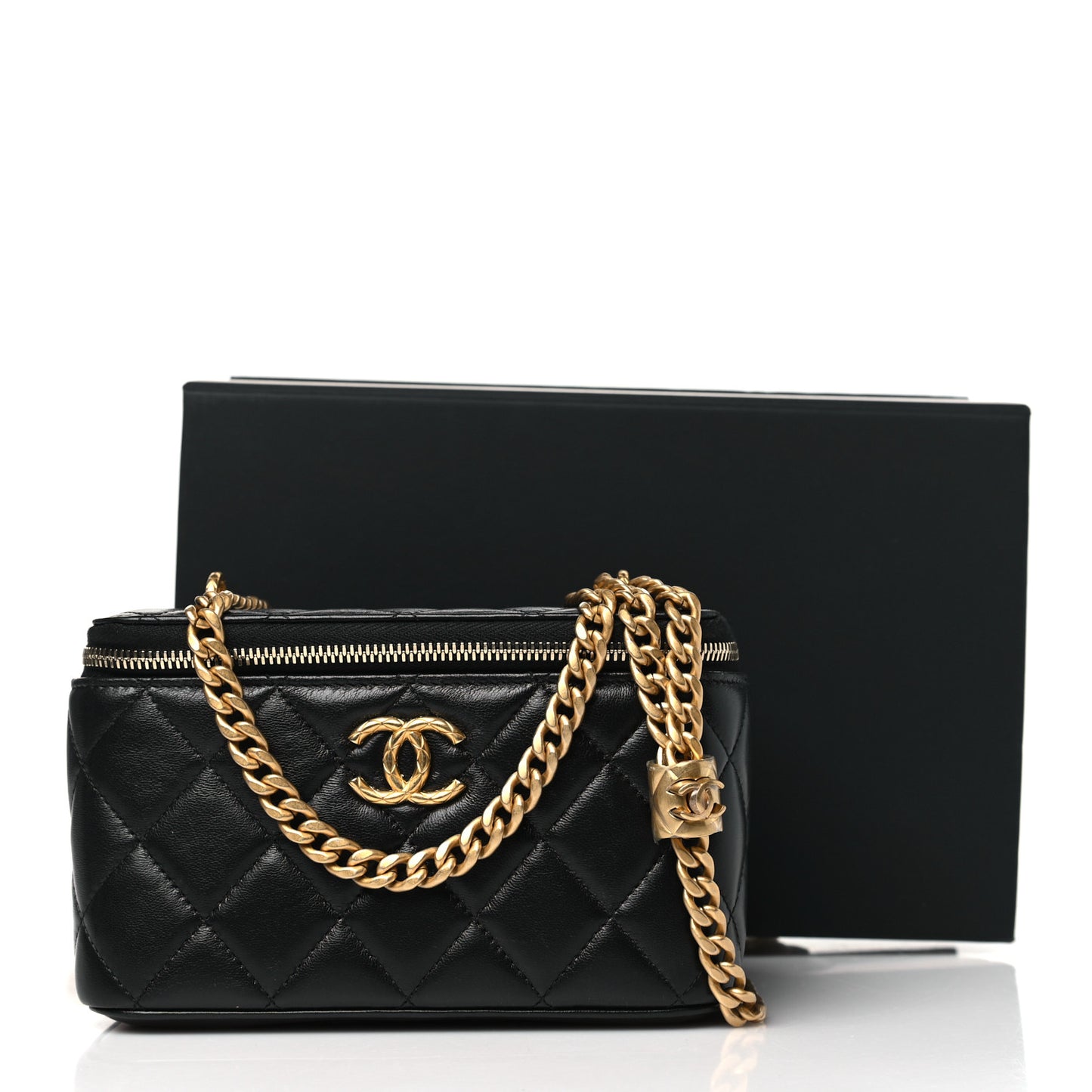 Lambskin Quilted Small Pillow Crush Vanity Case With Chain Black