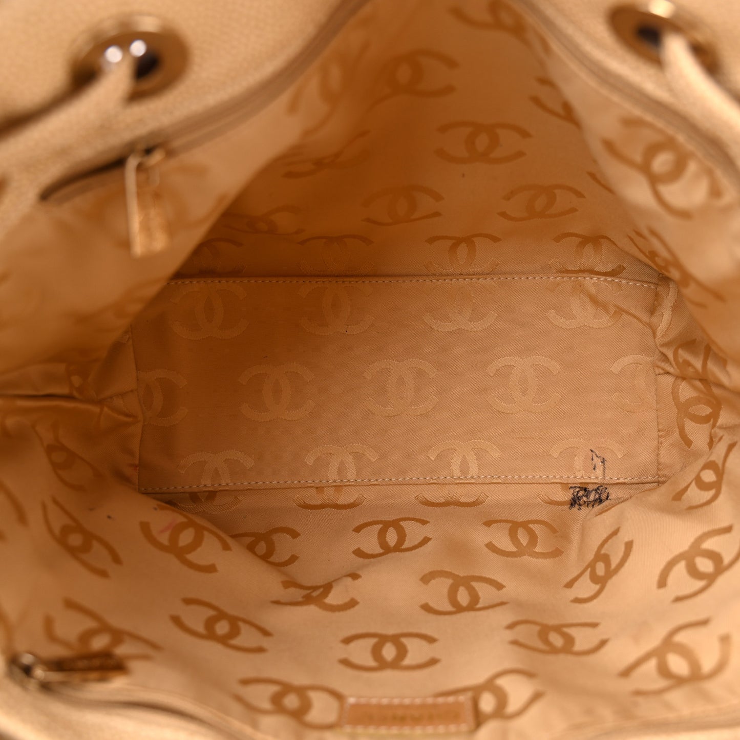 Caviar Wood CC Drawstring Bucket Bag Beige