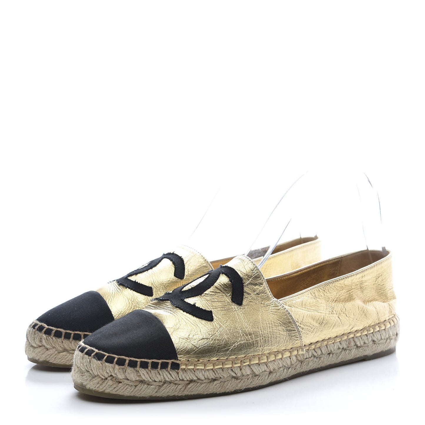 Laminated Lambskin Grosgrain CC Espadrilles 42 Gold Black