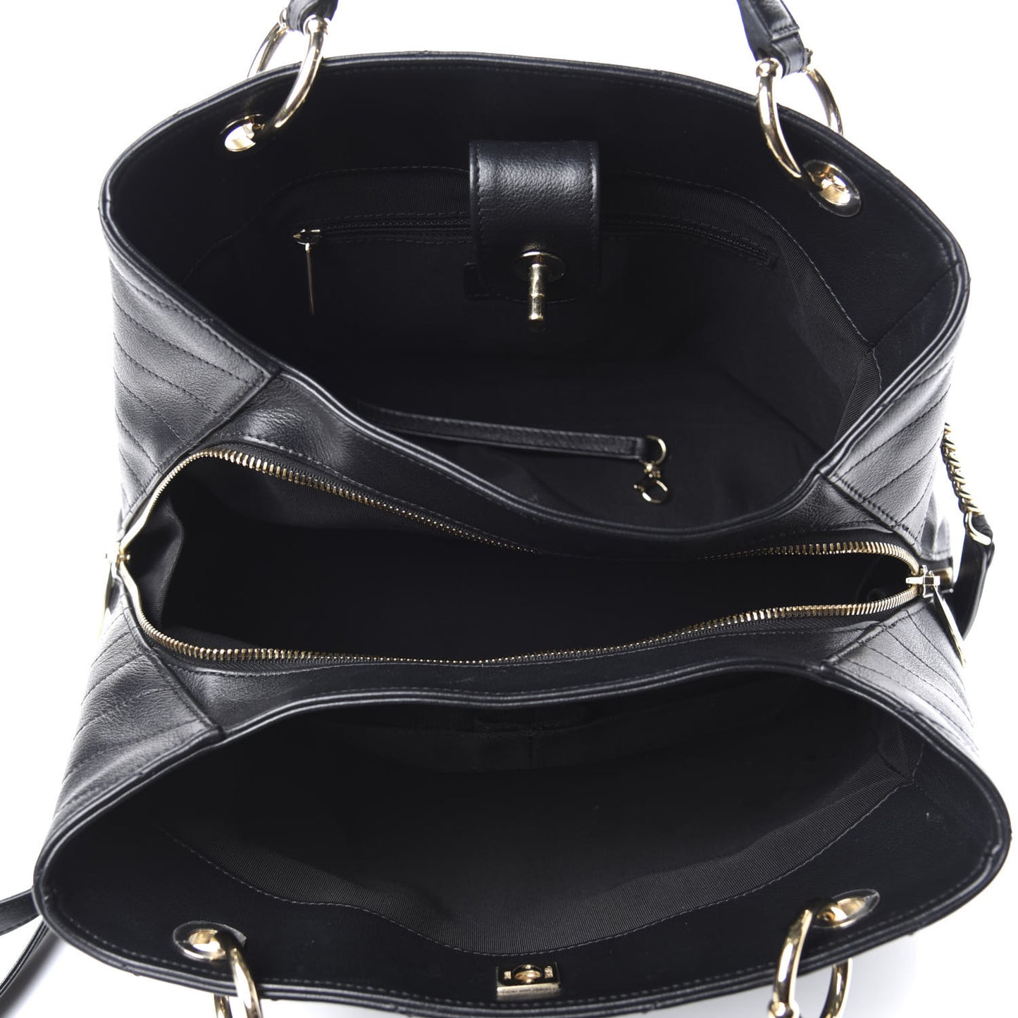 Calfskin Stitched Large Chevron Chic Shopping Bag Black