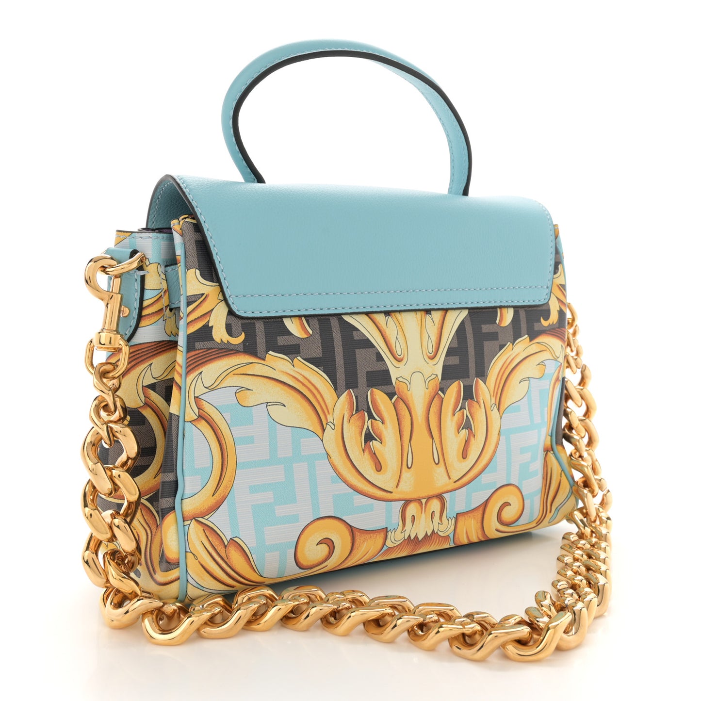X FENDI Grained Calfskin Fendace La Medusa Medium Top Handle Bag Baby Blue Multicolor