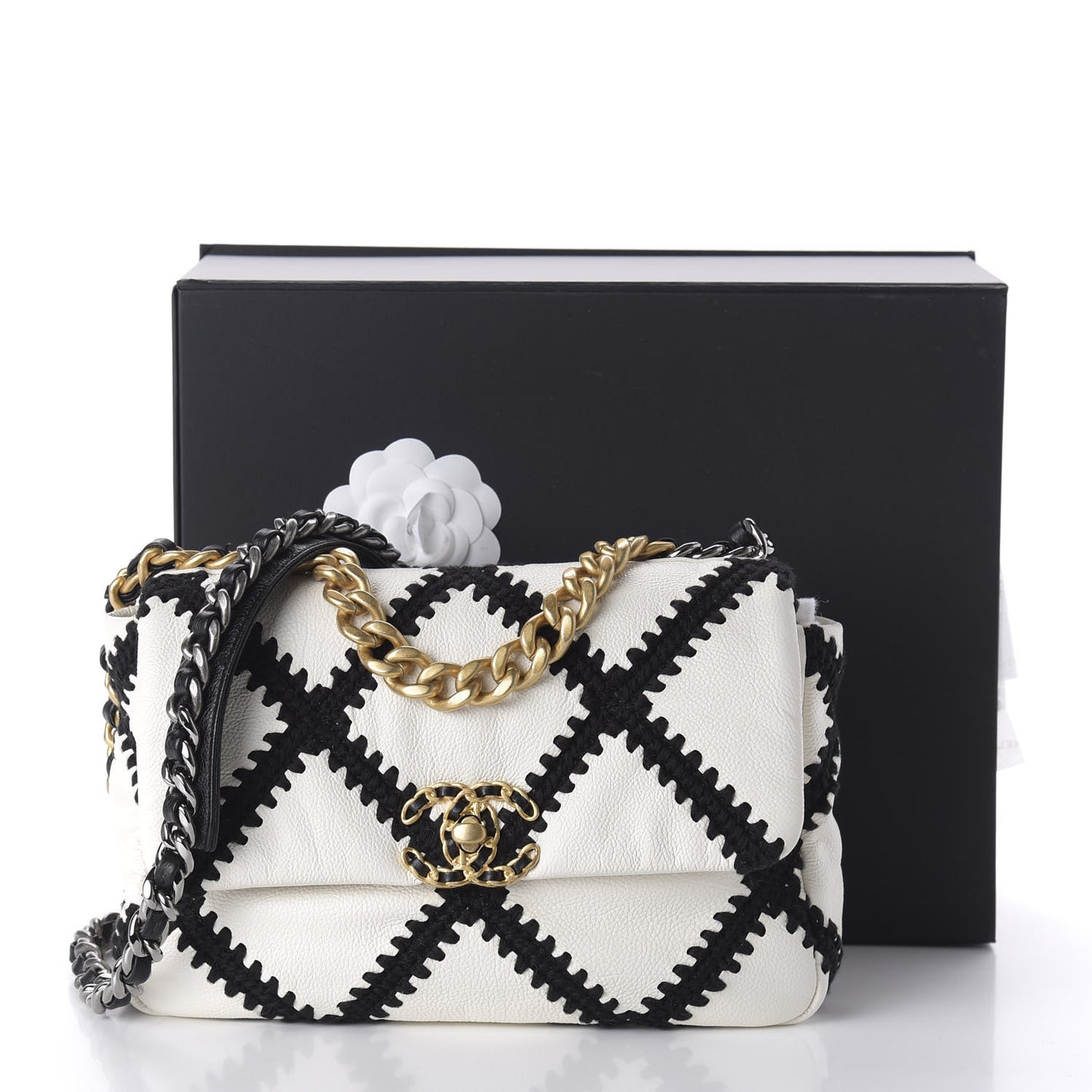Calfskin Crochet Medium 19 Flap White Black