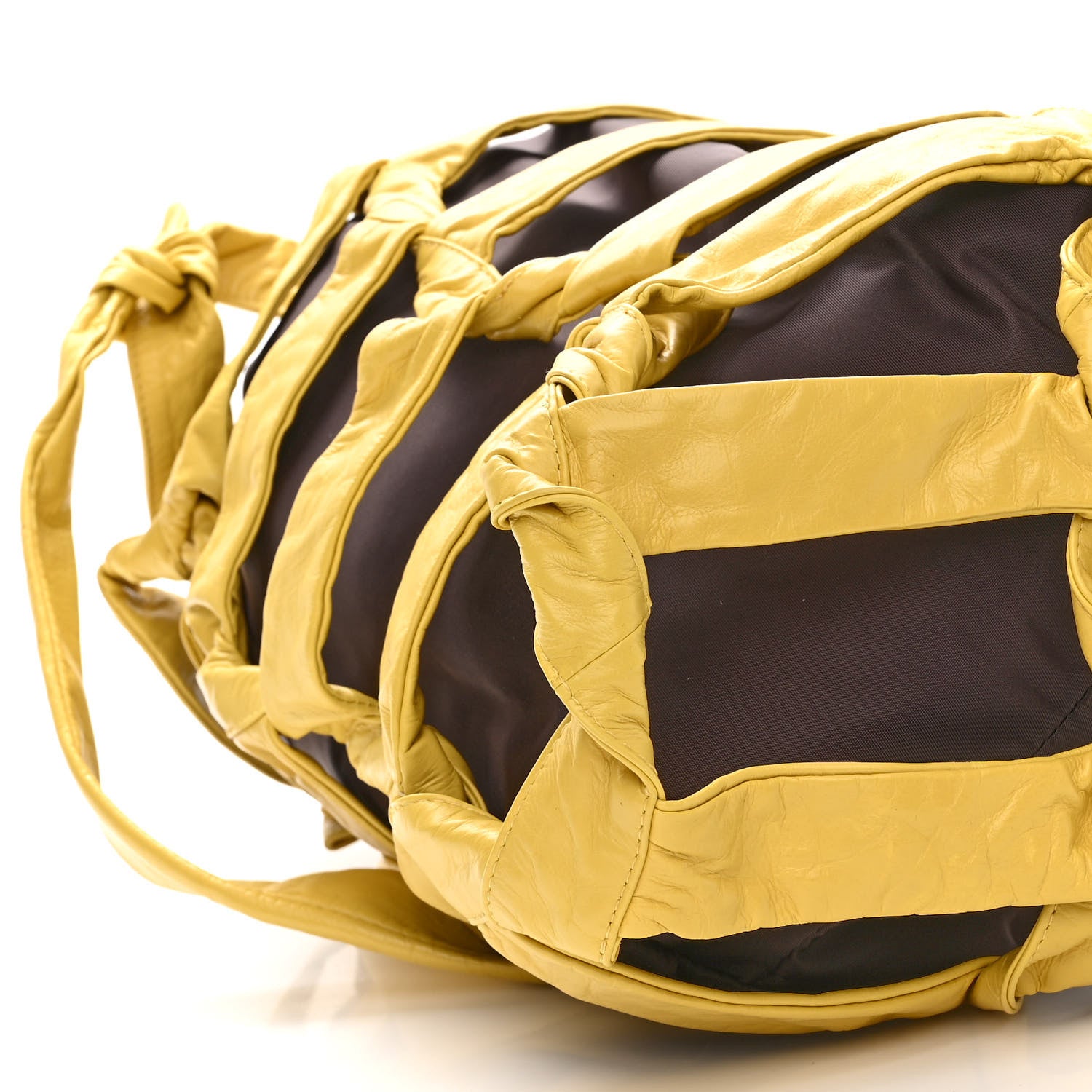 Bottega Veneta Nylon Calfskin Woven BV Tape Bucket Bag Brown Yellow 8 of 10