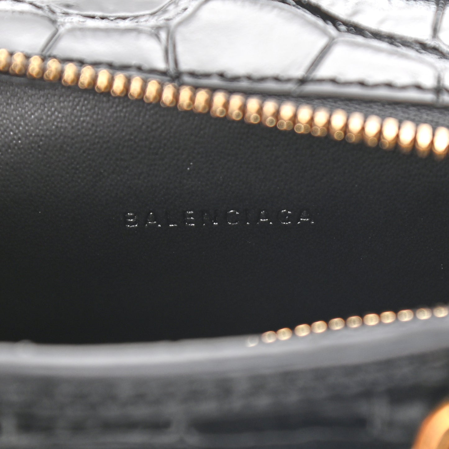 Shiny Supple Calfskin Crocodile Embossed Neo Classic Gold Hardware Super Nano City Crossbody Black