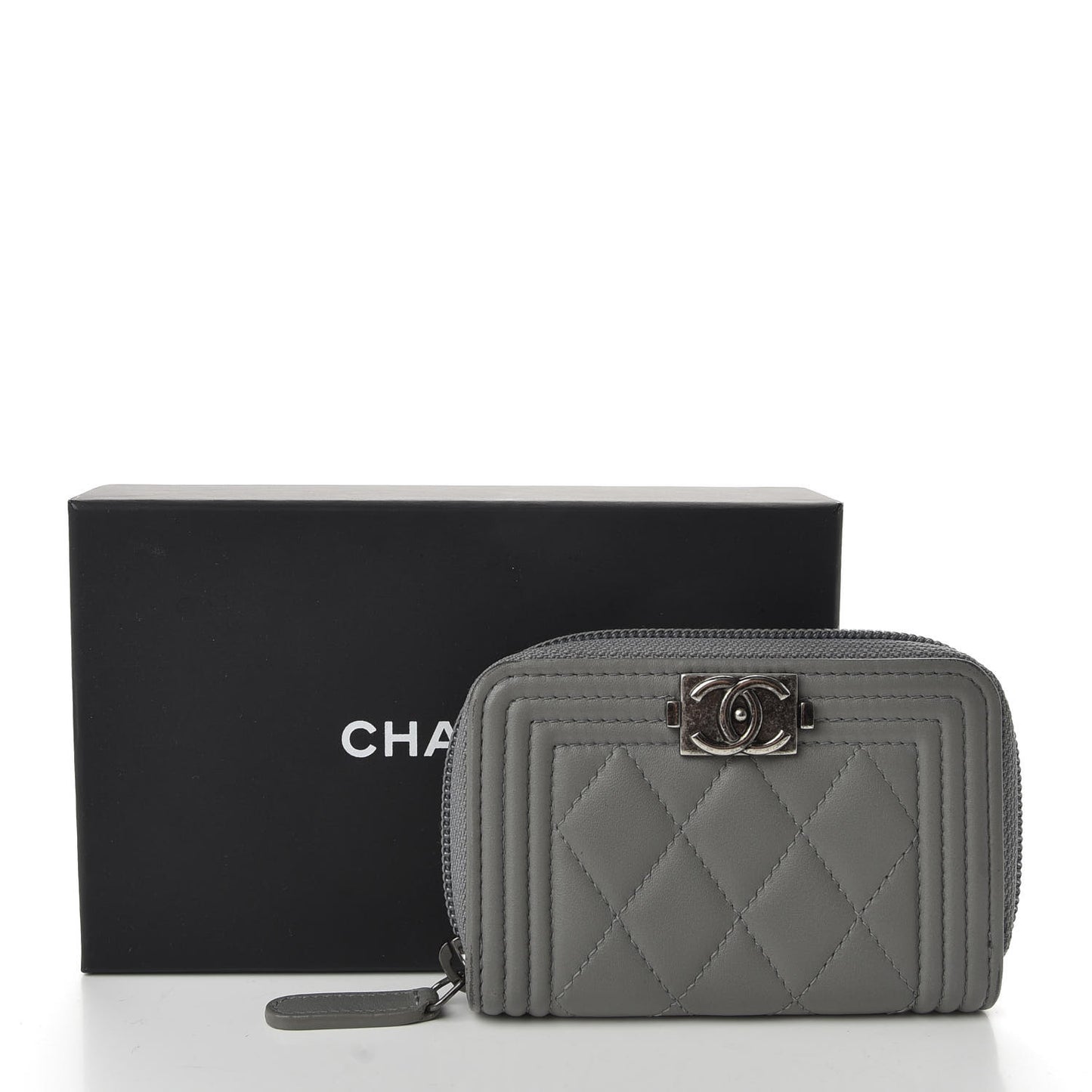 Lambskin Quilted Boy Zip Around Coin Purse Wallet Grey