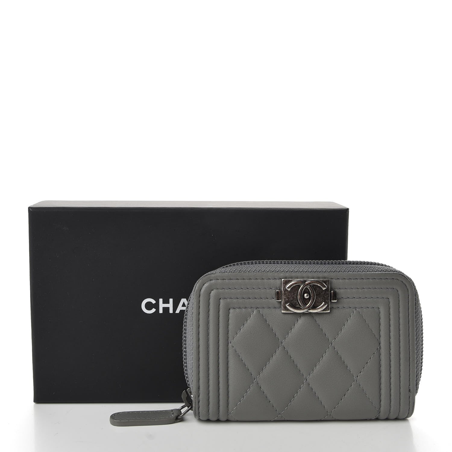 Chanel Lambskin Quilted Boy Zip Around Coin Purse Wallet Grey 8 of 8