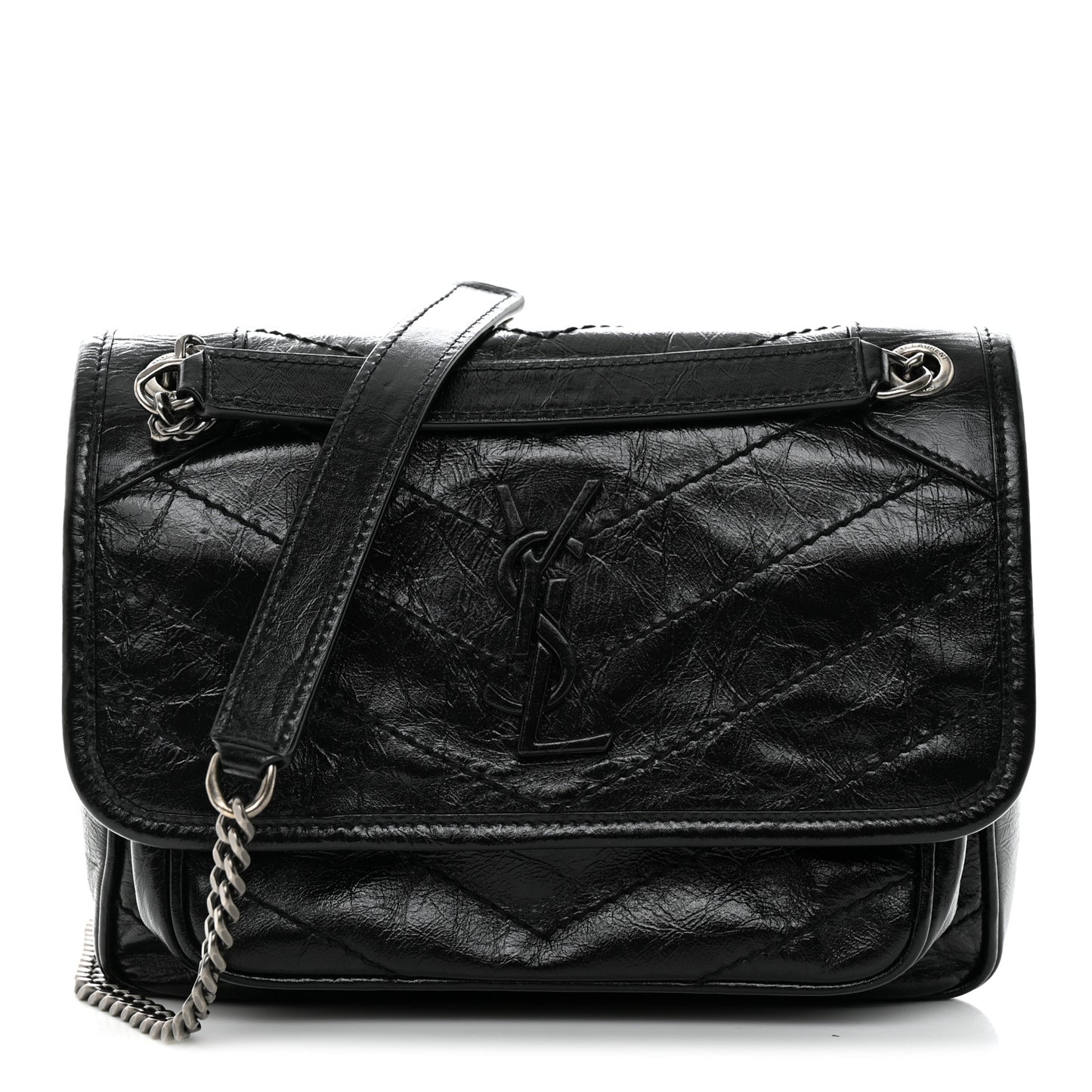 Crinkled Lambskin Matelasse Monogram Baby Niki Chain Satchel Black