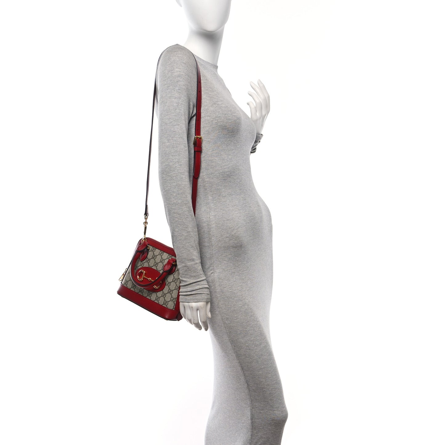 GG Supreme Monogram Azalea Calfskin Mini Horsebit 1955 Top Handle Bag Beige New Cherry Red