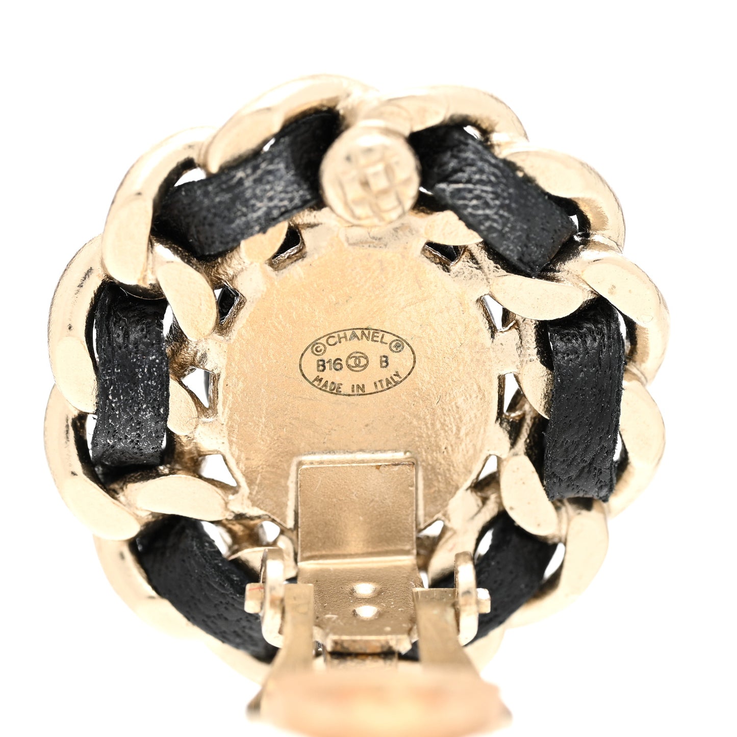 Lambskin Chain Around CC Clip On Earrings Light Gold Black
