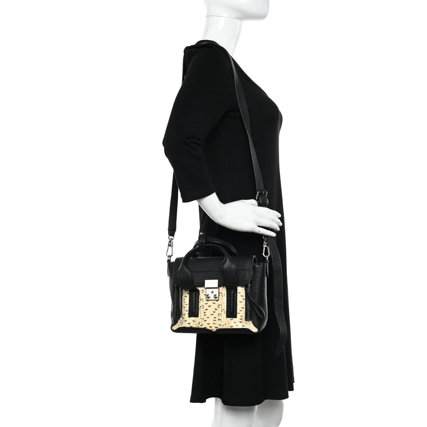 Textured Calfskin Elaphe Snakeskin Mini Pashli Satchel Natural Black