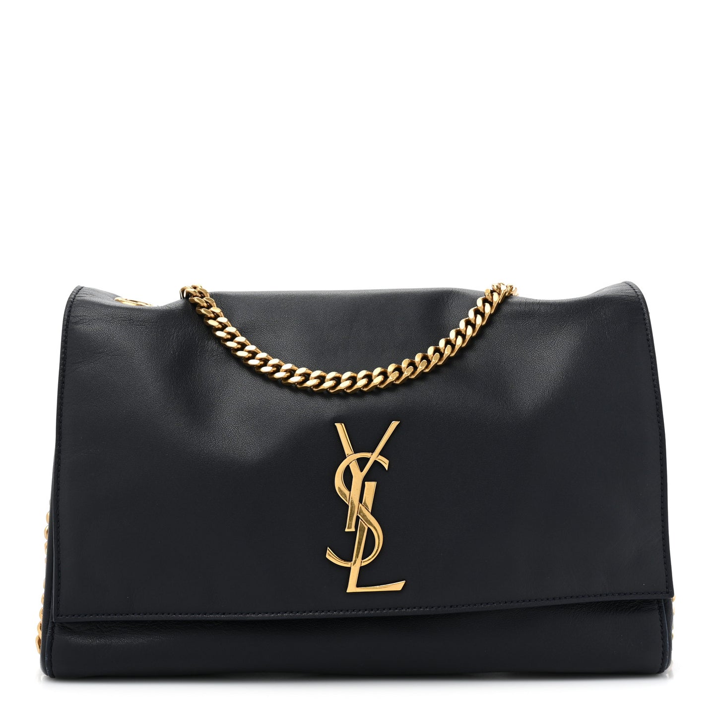 SAINT LAURENT Smooth Calfskin Suede Medium Reversible Monogram Kate Satchel Navy