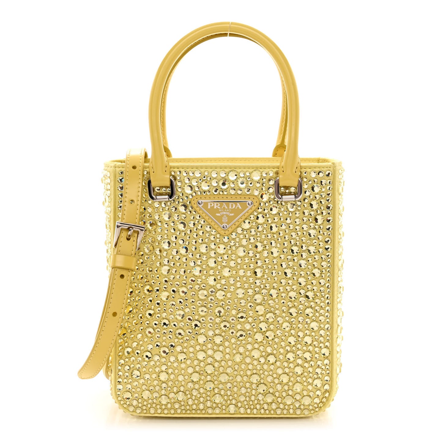 Satin Crystal Metal Triangle Logo Small Double Handle Crossbody Tote Ananas
