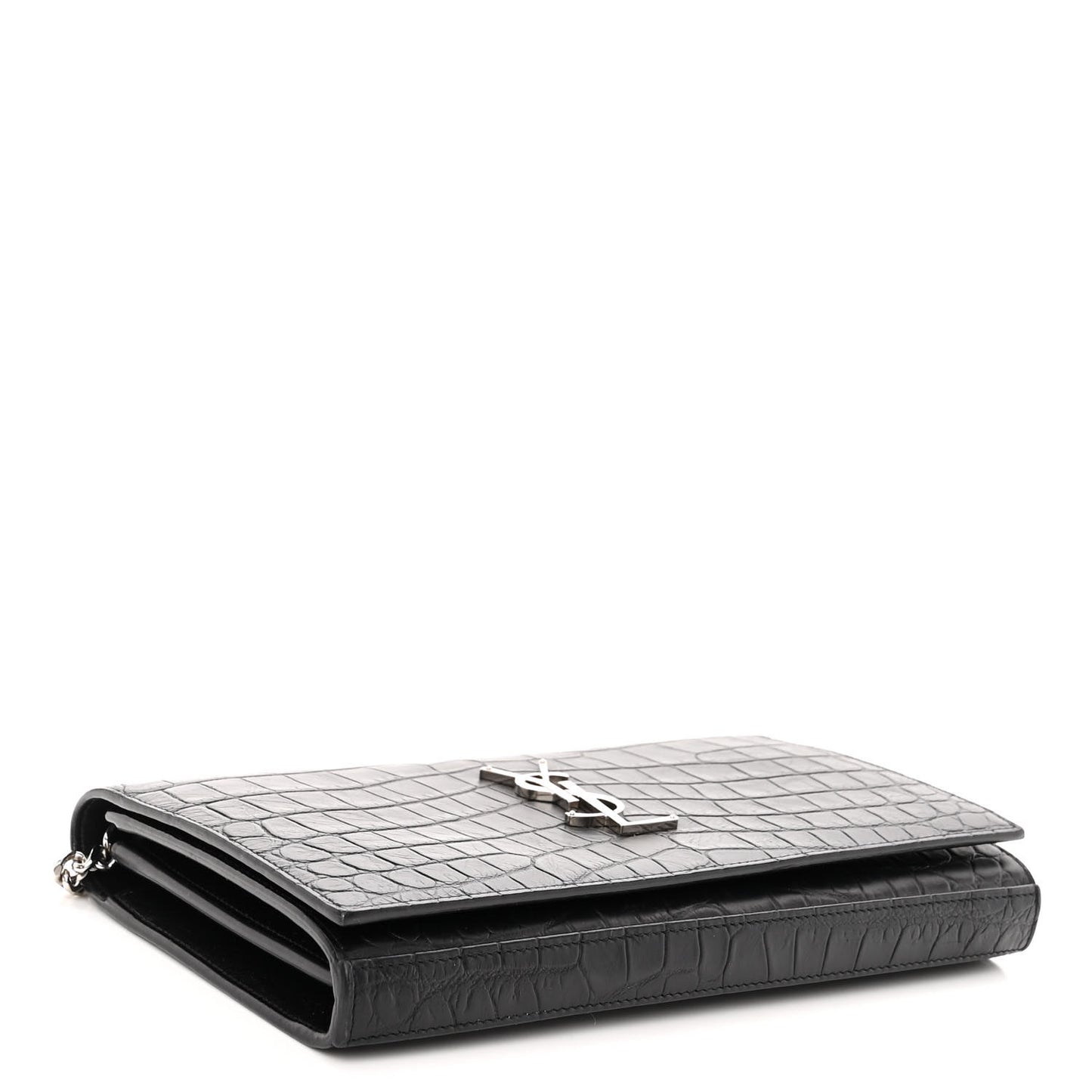 Calfskin Crocodile Embossed Monogram Chain Wallet Black