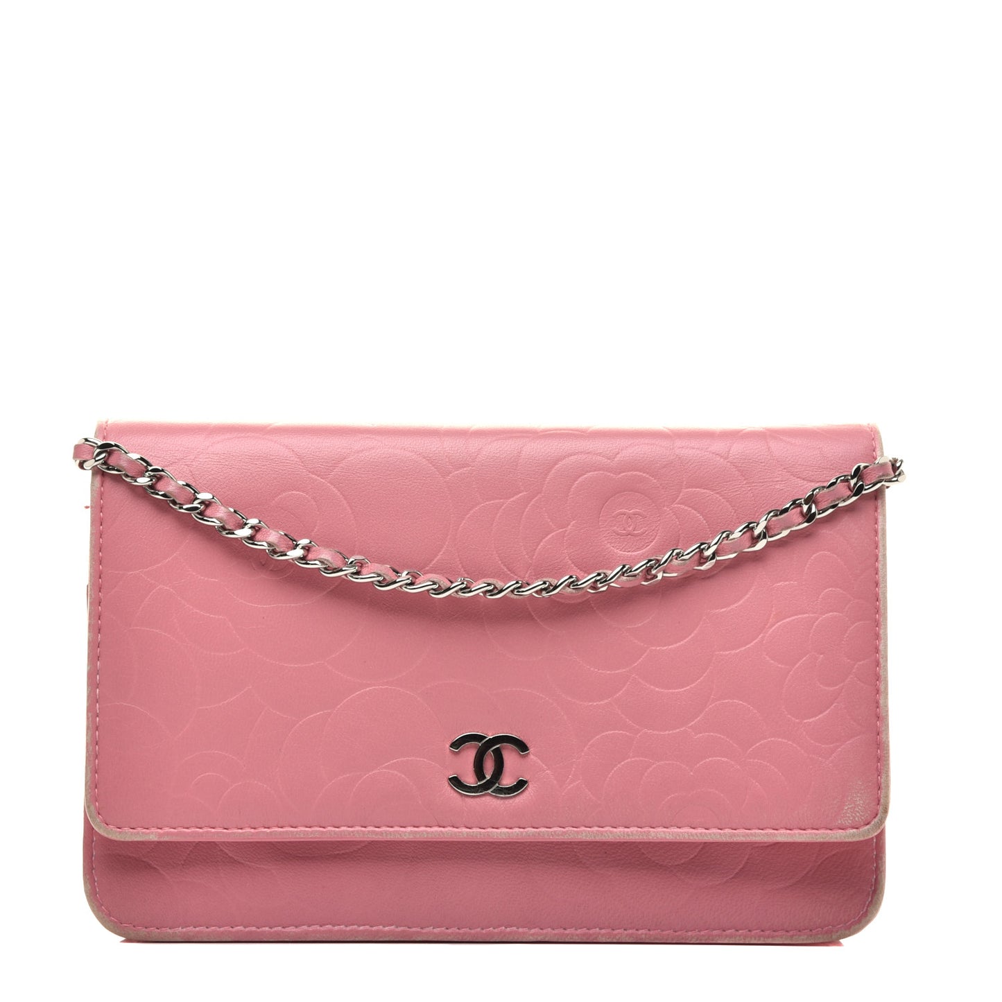 Lambskin Camellia Embossed Wallet On Chain WOC Pink