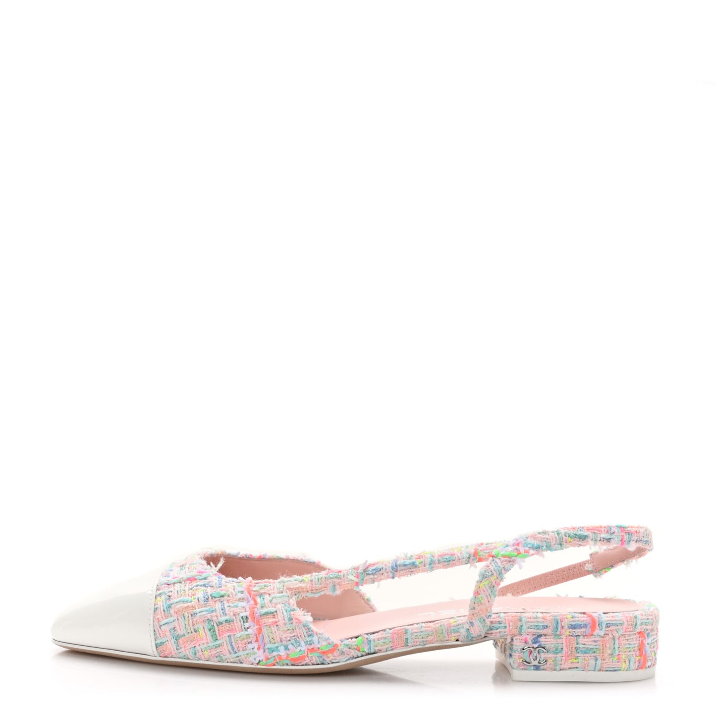 Tweed Patent Cap Toe Slingback Flats 38.5 Multicolor White