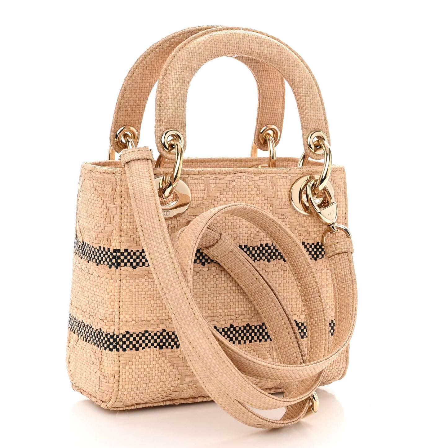 Raffia Woven Cannage Embroidered Mini Lady D-Lite Natural Black