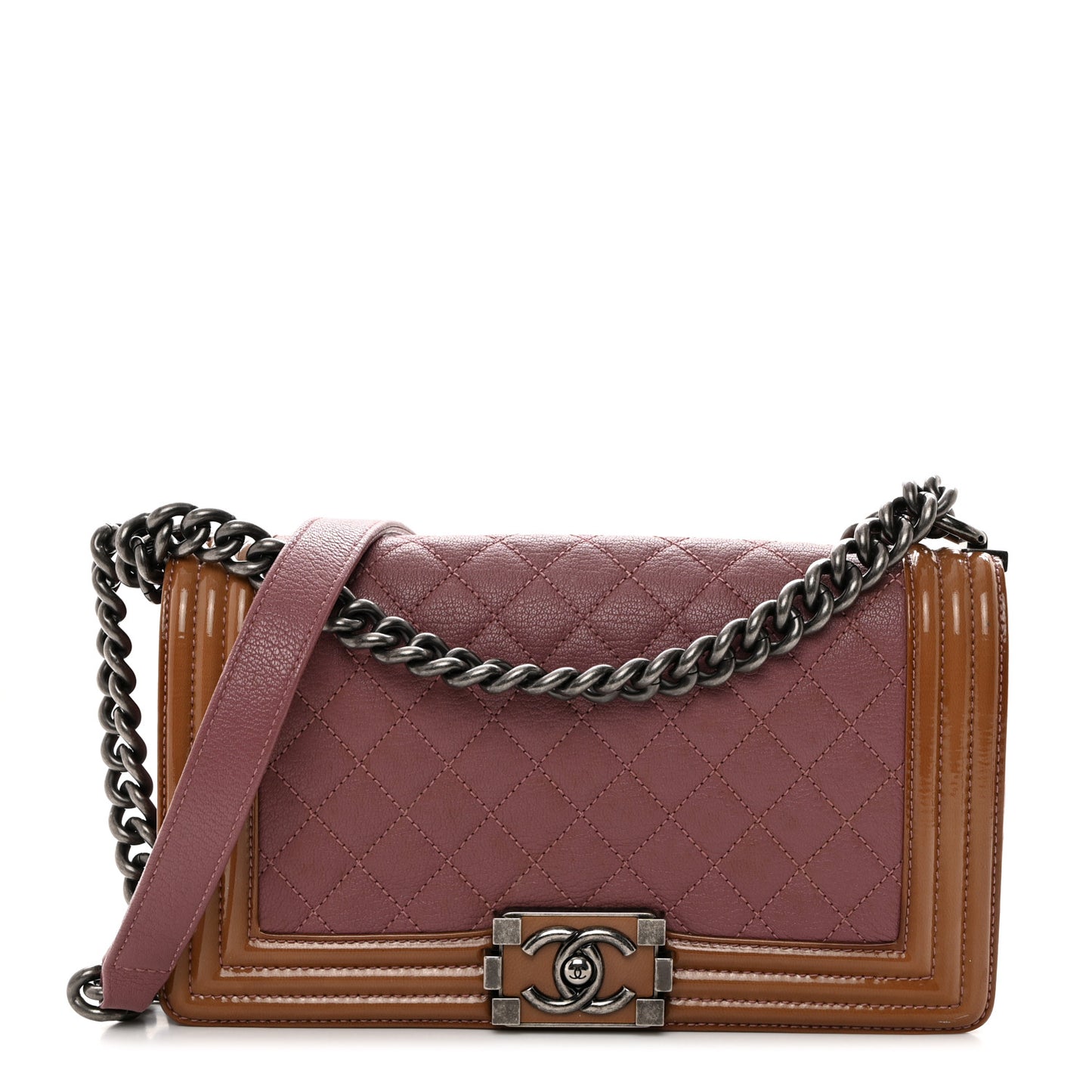 Goatskin Quilted Patent Medium Duo Boy Flap Pink Tan