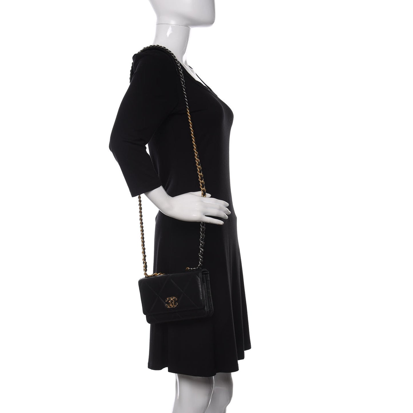 Shiny Goatskin Quilted Chanel 19 Wallet On Chain WOC Black